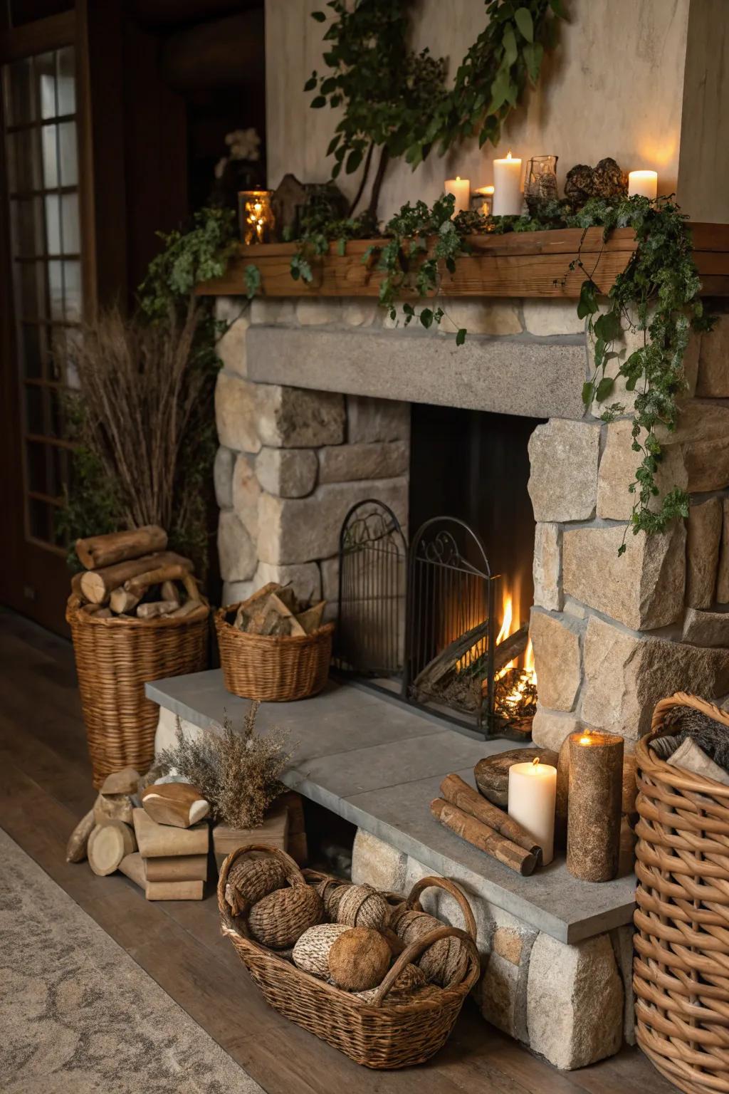 Natural elements surrounding the fireplace evoke a comforting, rustic charm.