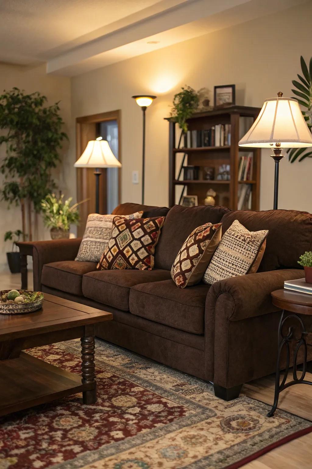 Ambient illumination enhances the cozy mood of a cocoa sofa arrangement.