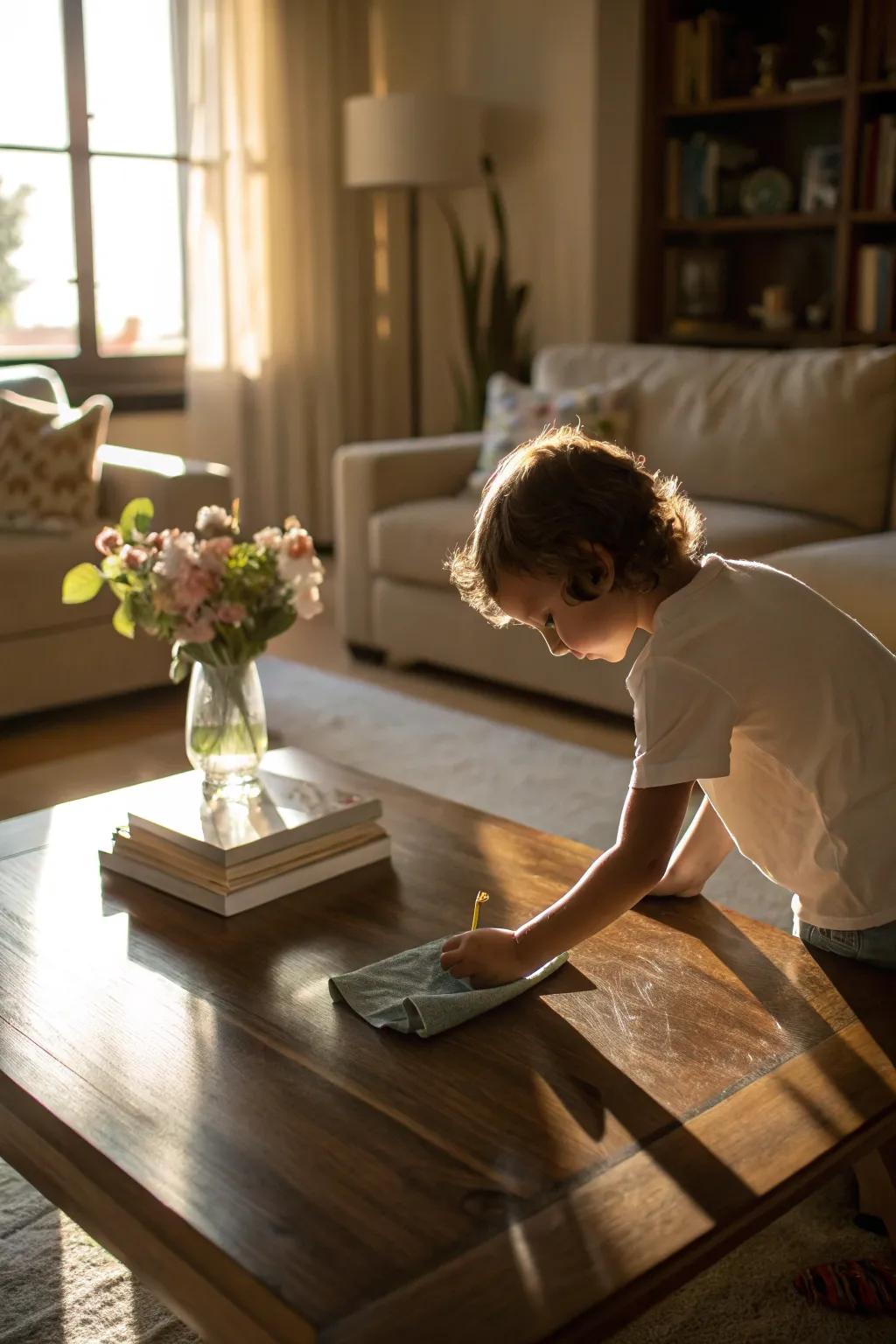 A child dusting a coffee table, aiding in maintaining a tidy home.