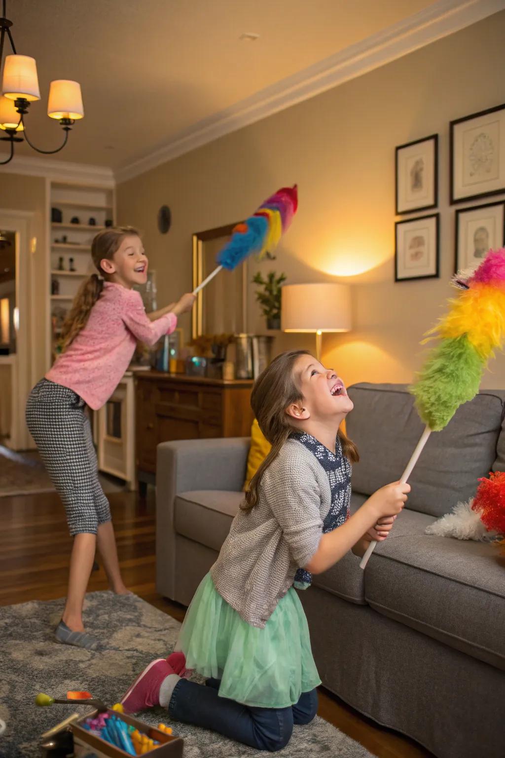 Render dusting enjoyable by transforming it into a playful detective endeavor.