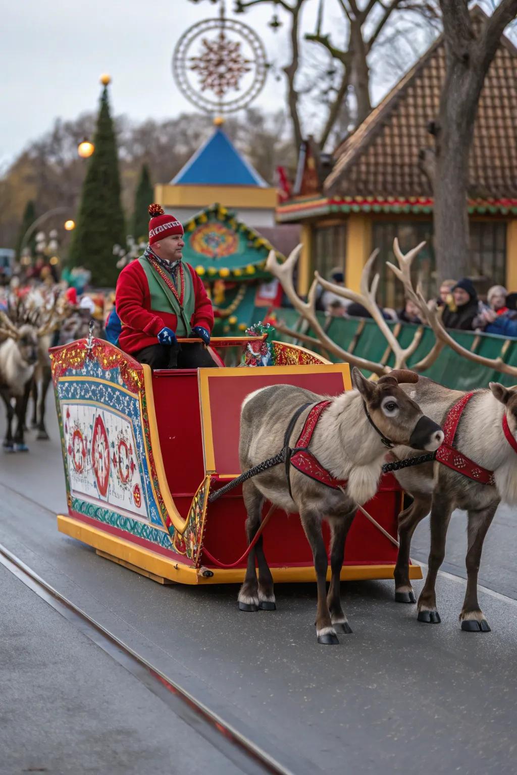 A Nordic Holiday float featuring reindeer and sleighs.