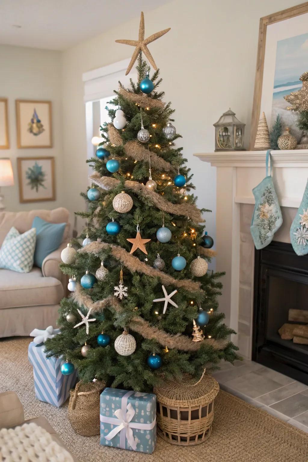 An ocean-themed Christmas featuring azure and sandbar neutrals.