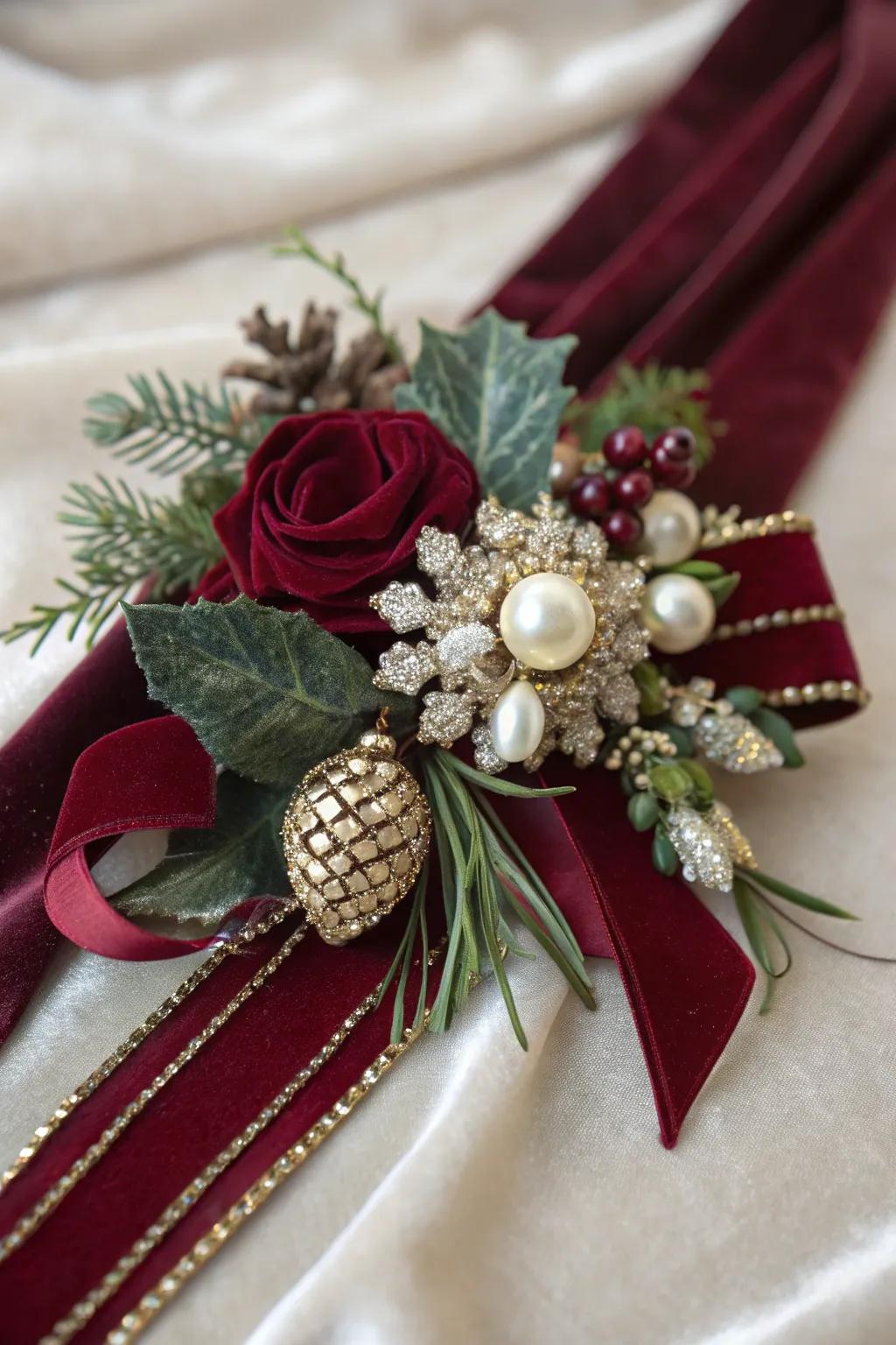 A heritage-inspired Christmas posy embellished with velvet ribbons.