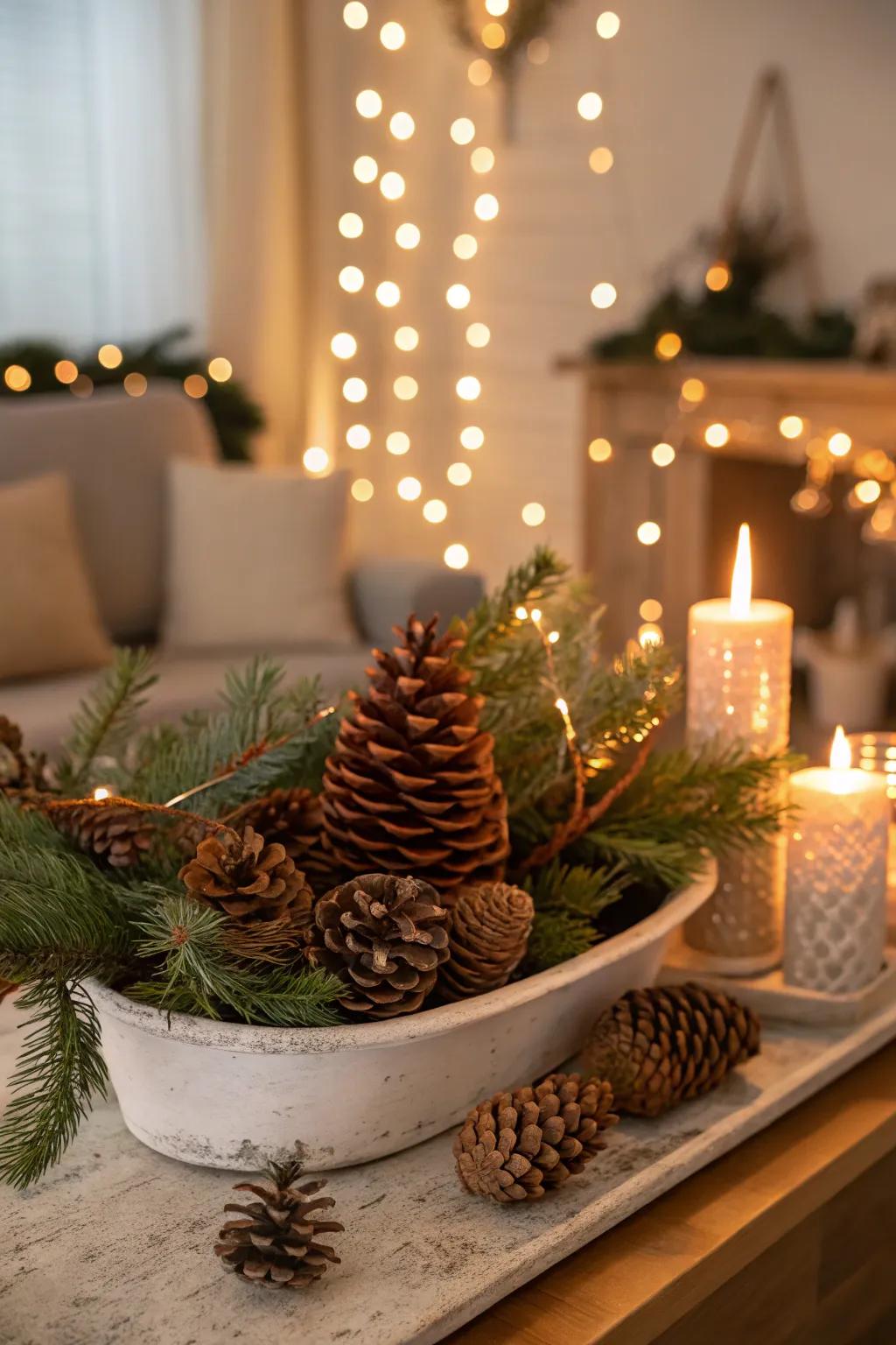 Unadulterated components such as conifer cones and offshoots contribute a rustic allure.