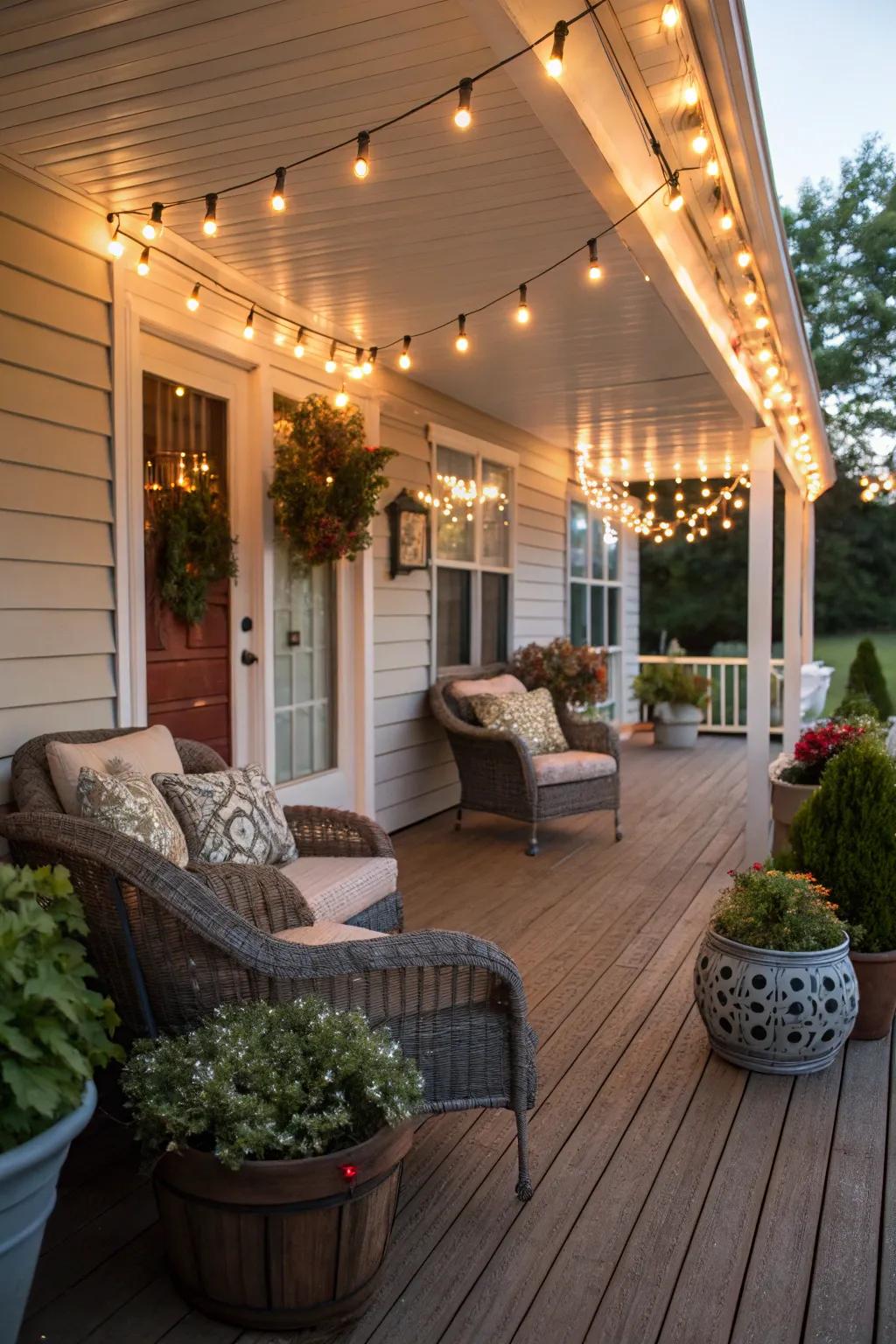 Twinkling lights entwined around the veranda for a celebratory radiance.