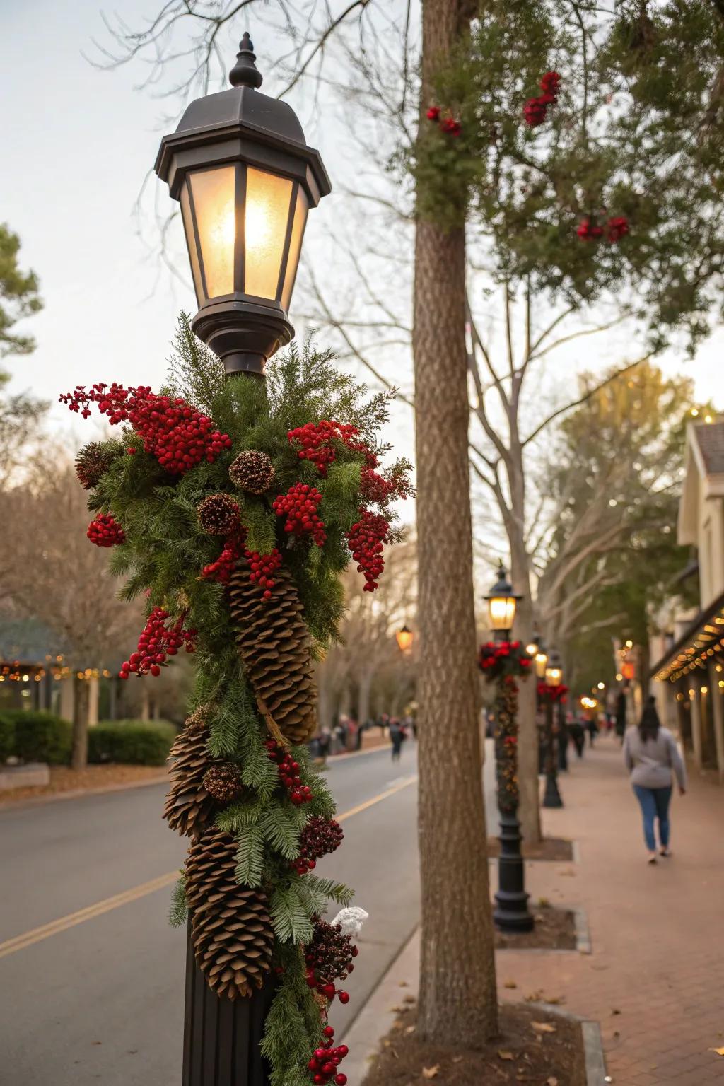 Floral picks bring a festive accent to a lamp post decoration.
