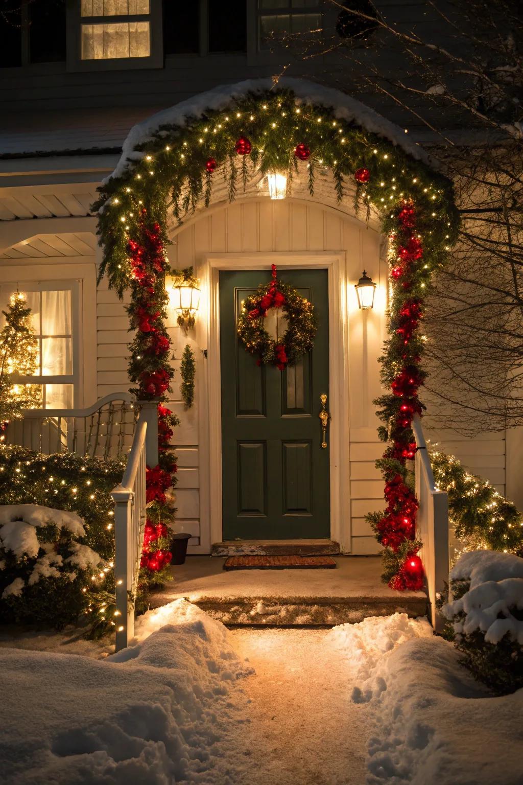 An inviting entrance decorated with festive lights and garlands.