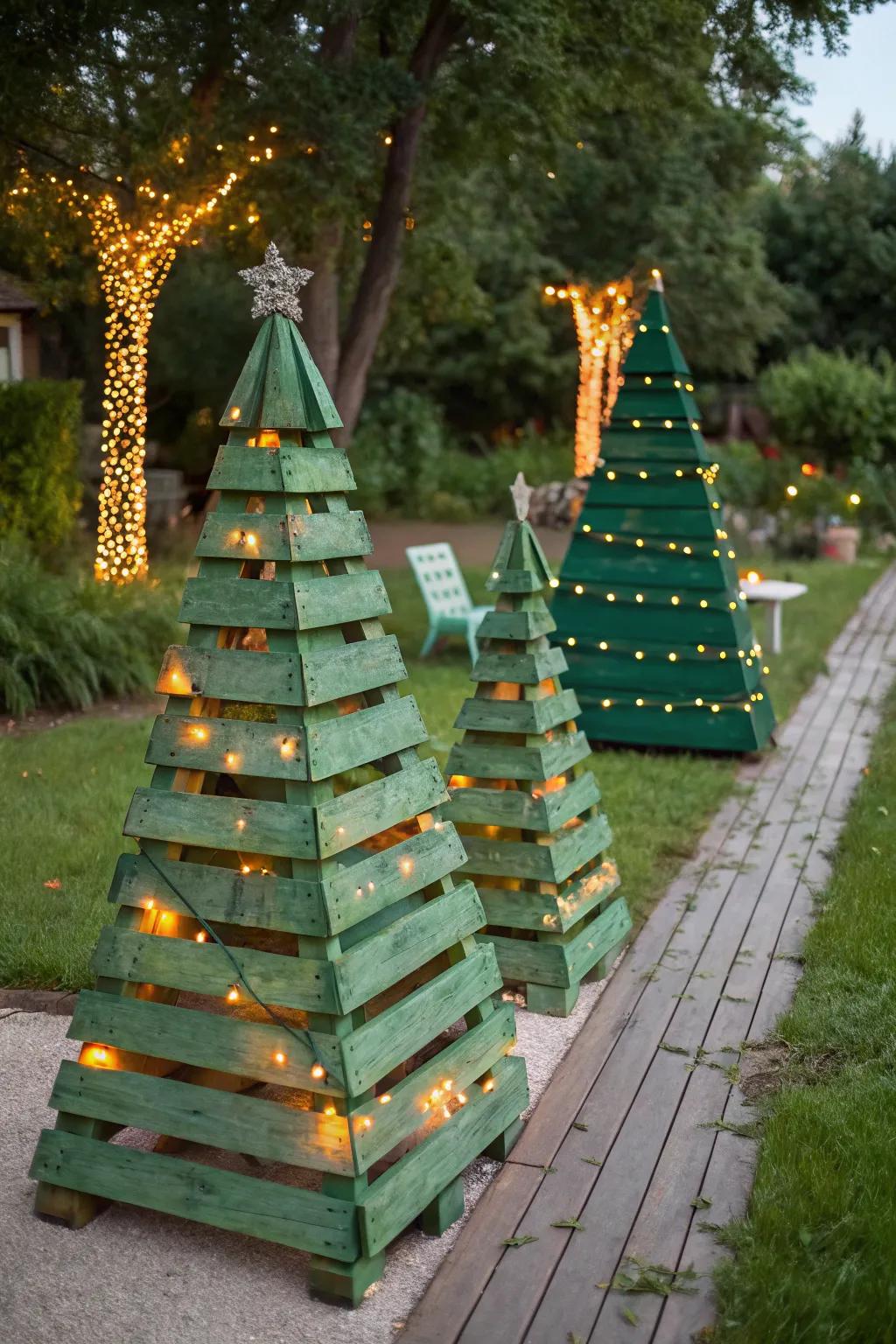 Welcome guests with exterior pallet Christmas trees.