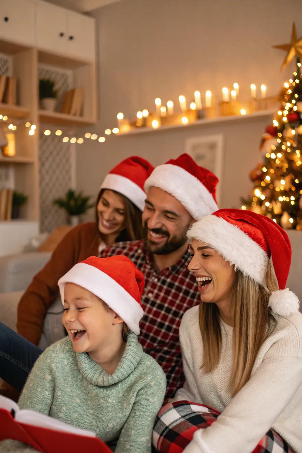 A family embracing a playful moment wearing Santa's caps, adding a fun twist to their holiday pictures.