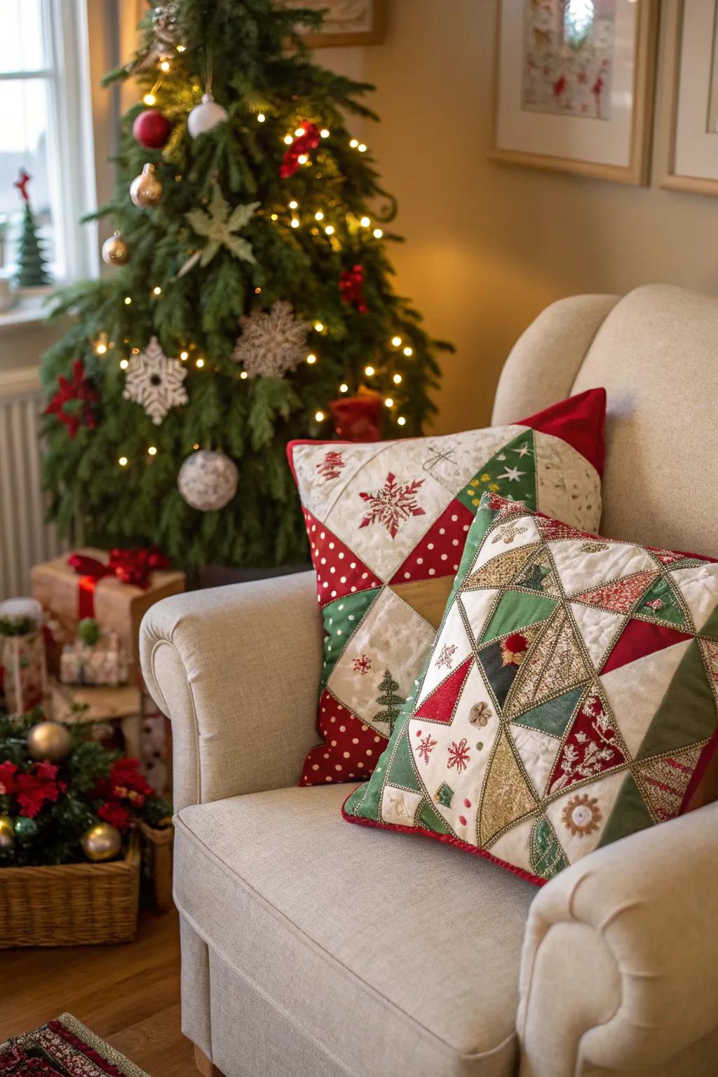 Quilted mosaic pillows introducing a spirited embellishment to the holiday decorations.