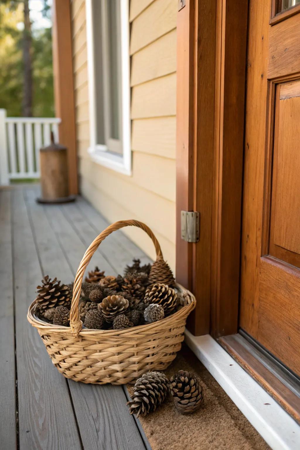 A country-style receptacle of pine cones imparts raw charm to the porch.