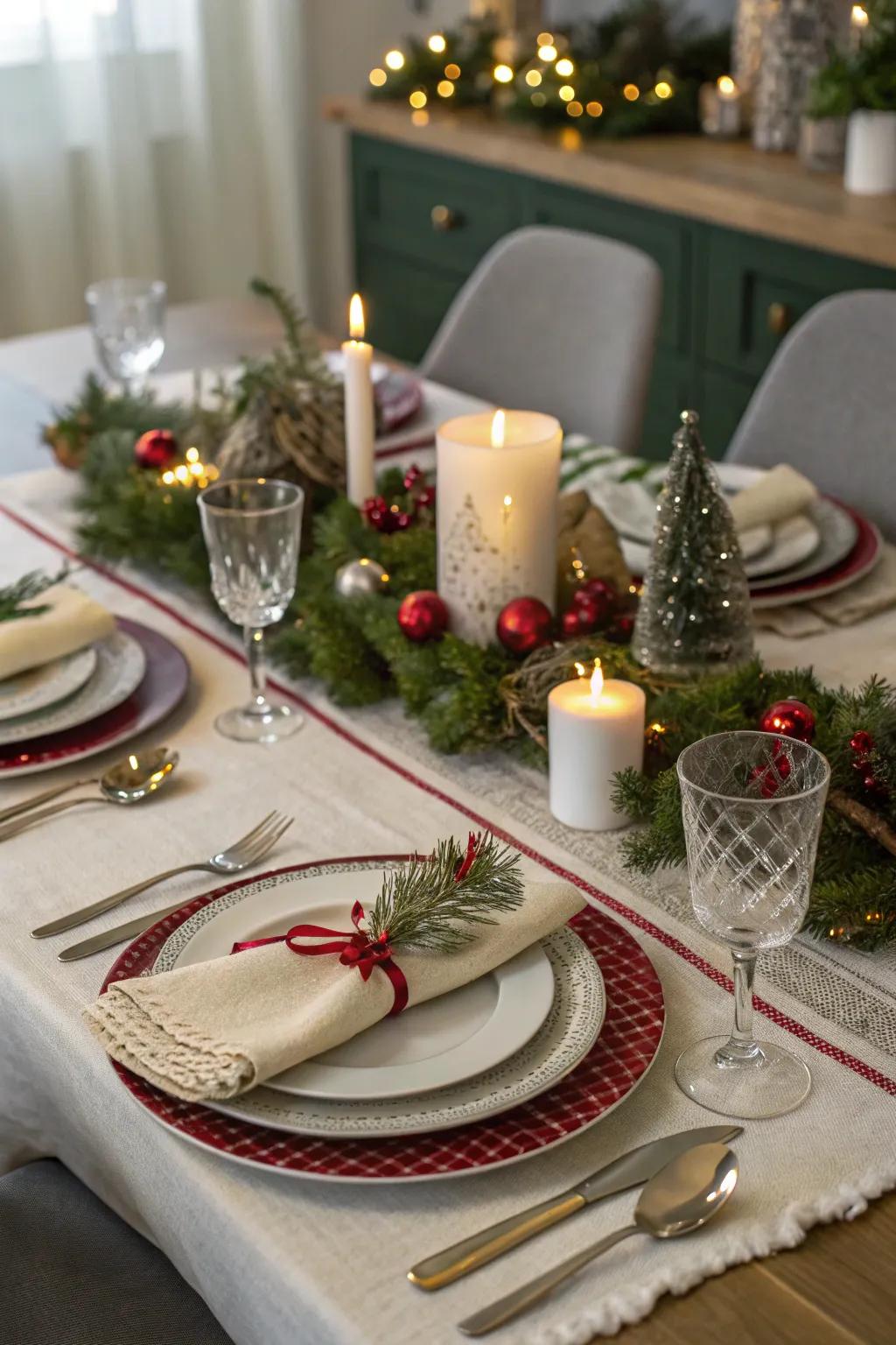 Assembled dining arrangements contribute dimension and flair to the banquet.