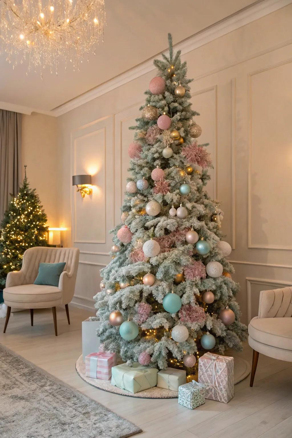 Pastel hues fashion a subtle and refined Christmas tree theme.