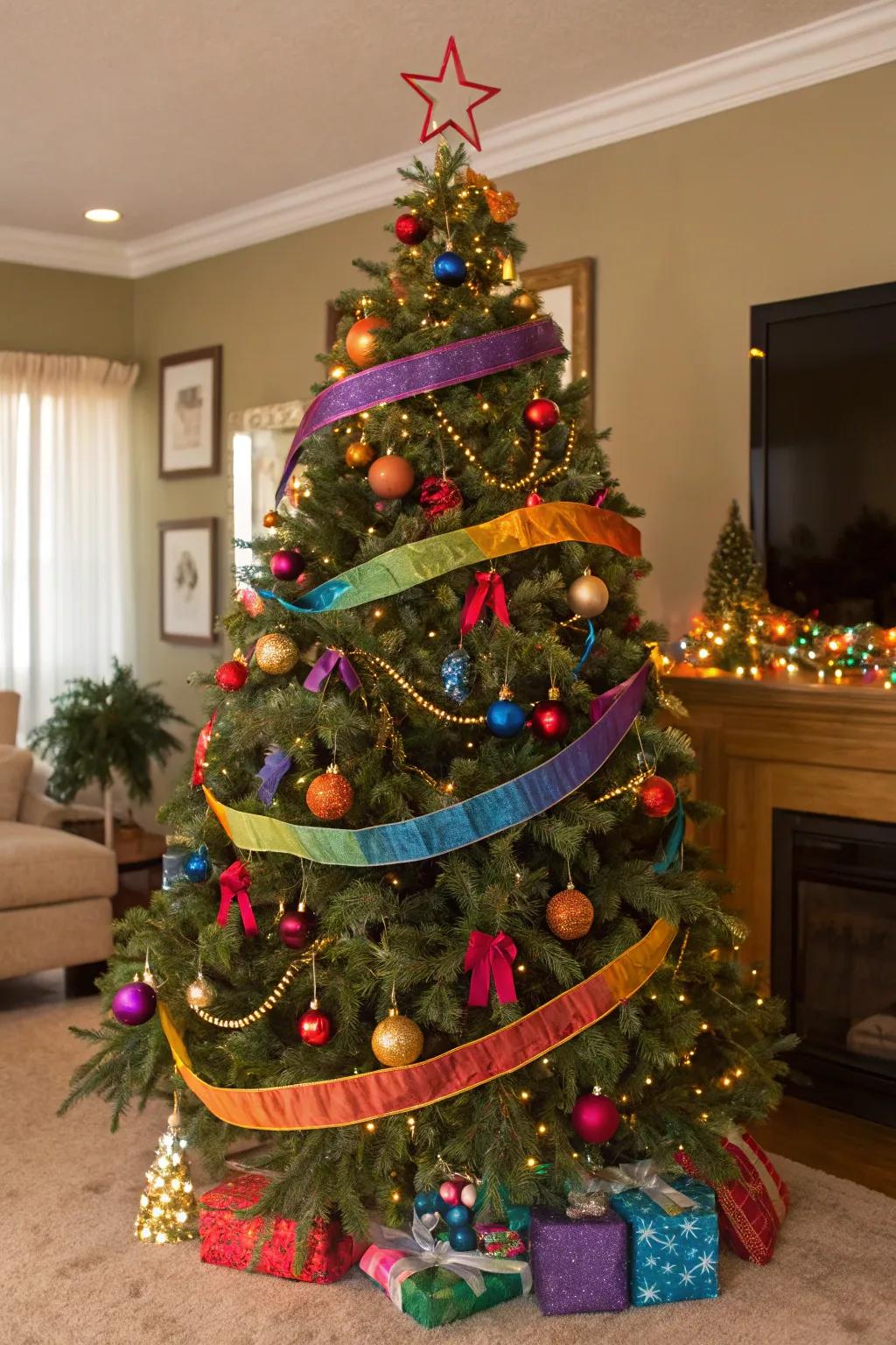 A Christmas tree adorned with vibrant wraps and baubles, establishing a sprightly and animated ambiance.