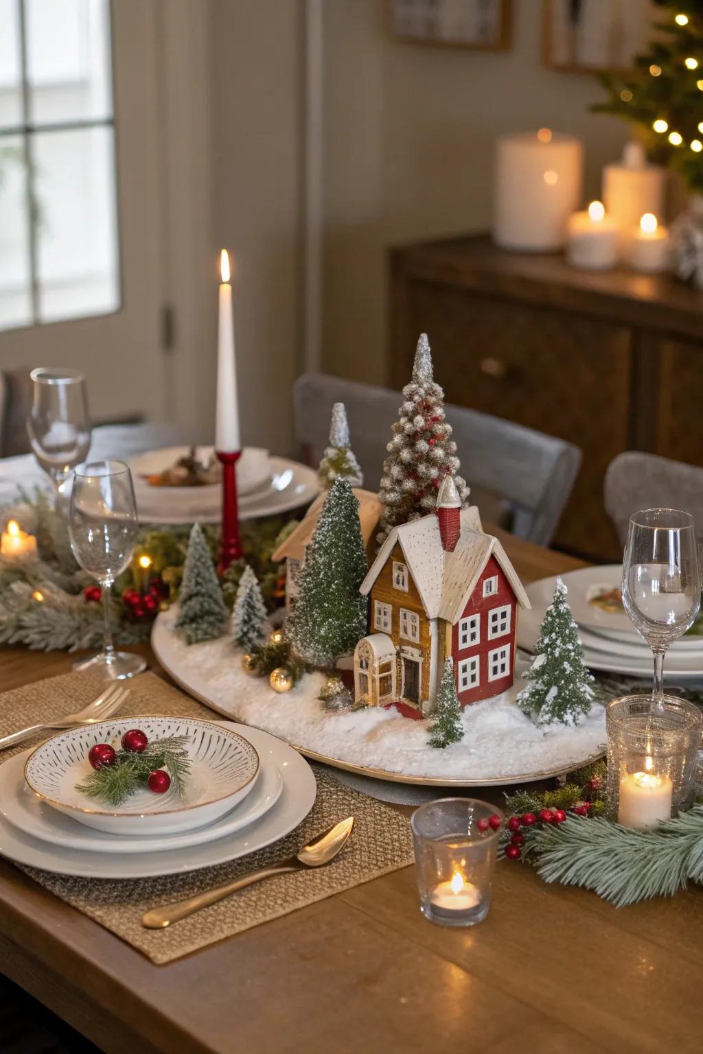 A breathtaking Christmas village focal point for celebratory dining.