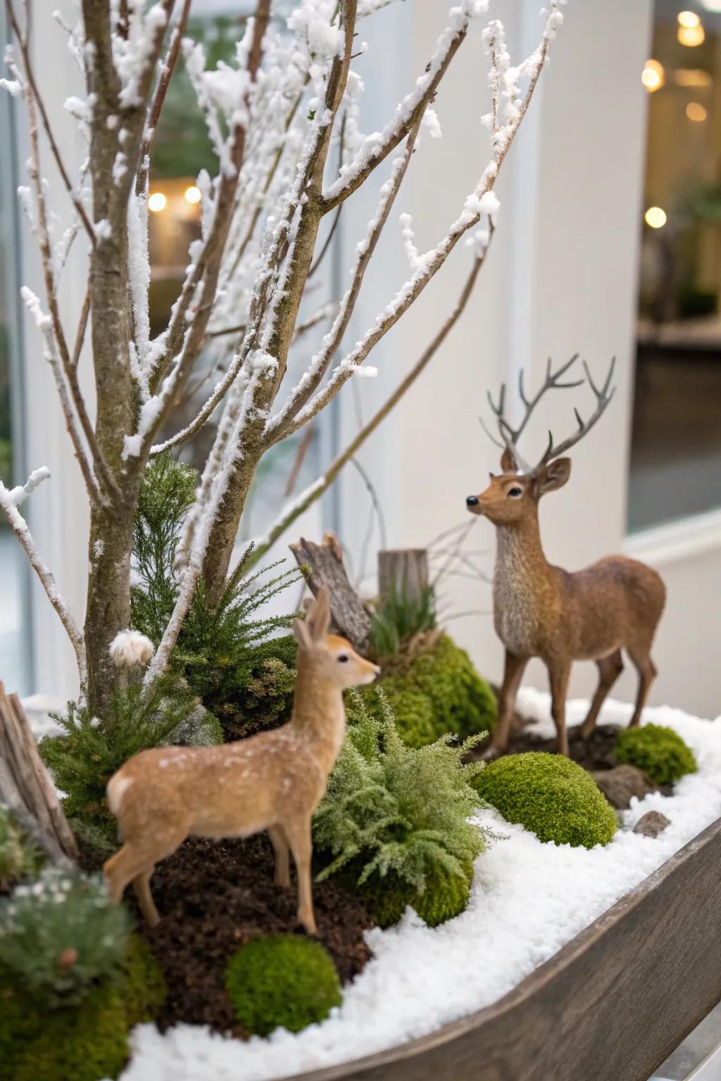 A serene winter wildlife sanctuary featuring deer and snow-laden sprigs.