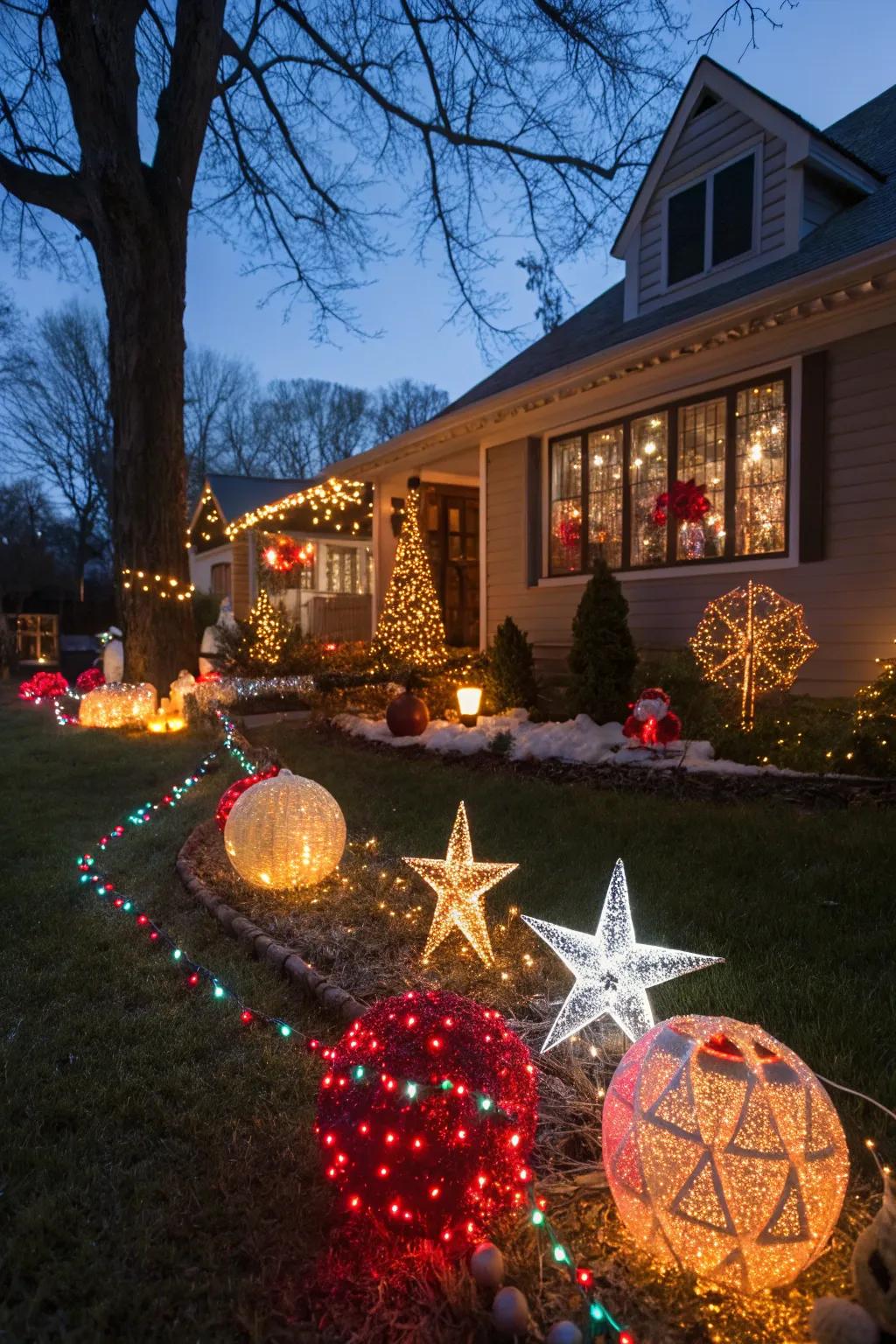 A lawn adorned with a variety of radiant Christmas charms.