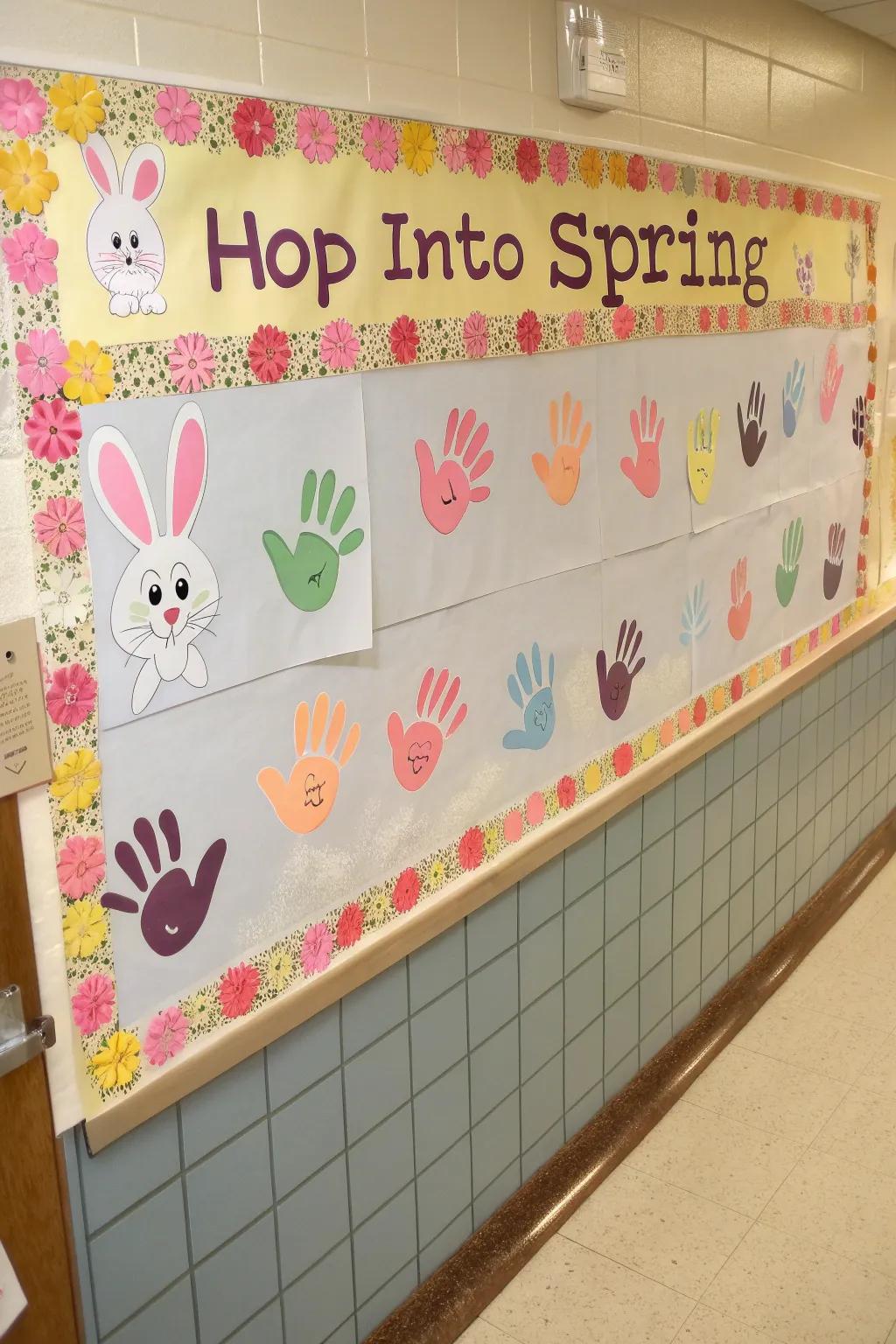 A playful board with handprint bunnies celebrating spring.
