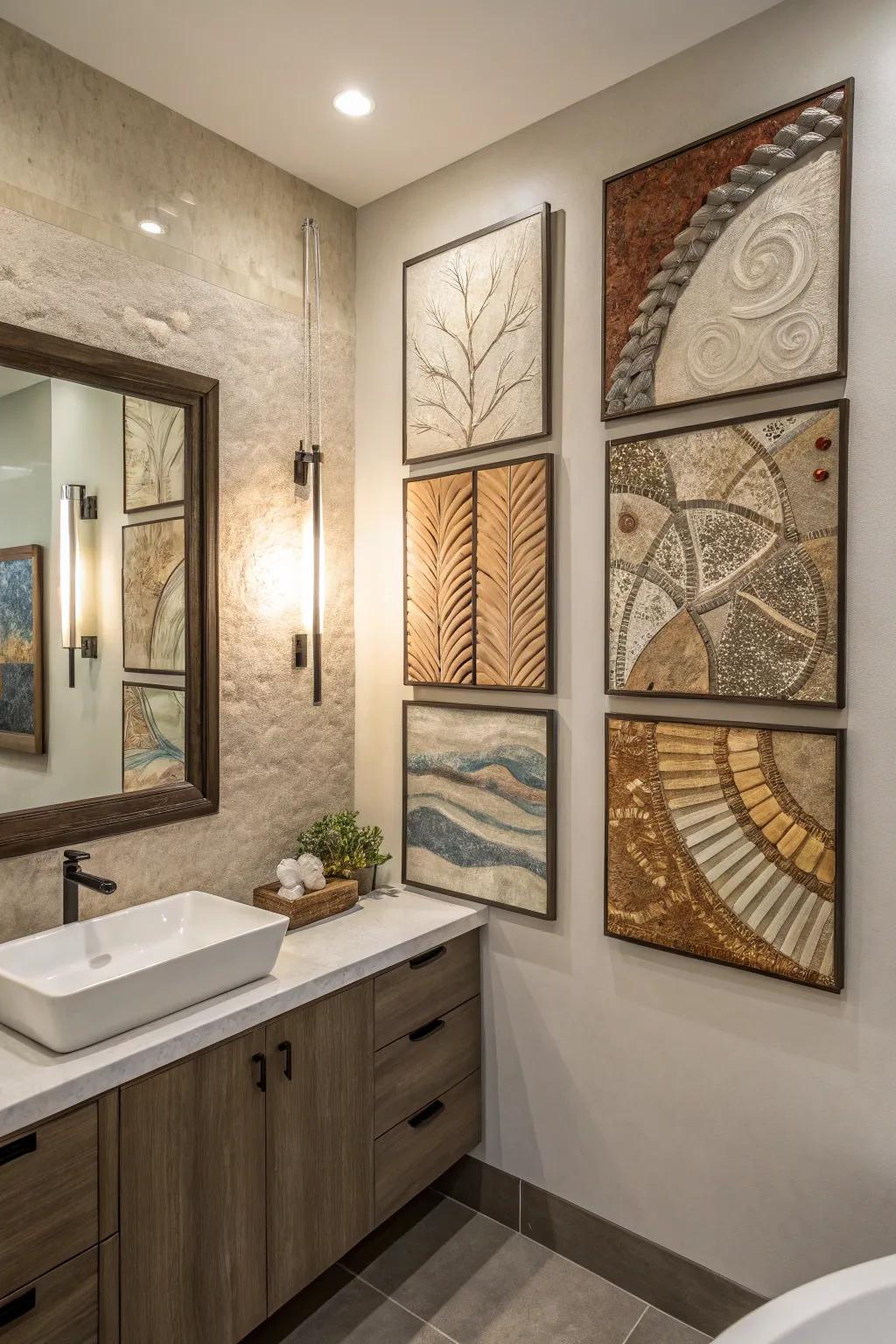 A bathroom presenting varied texture art that provides texture and visual appeal.
