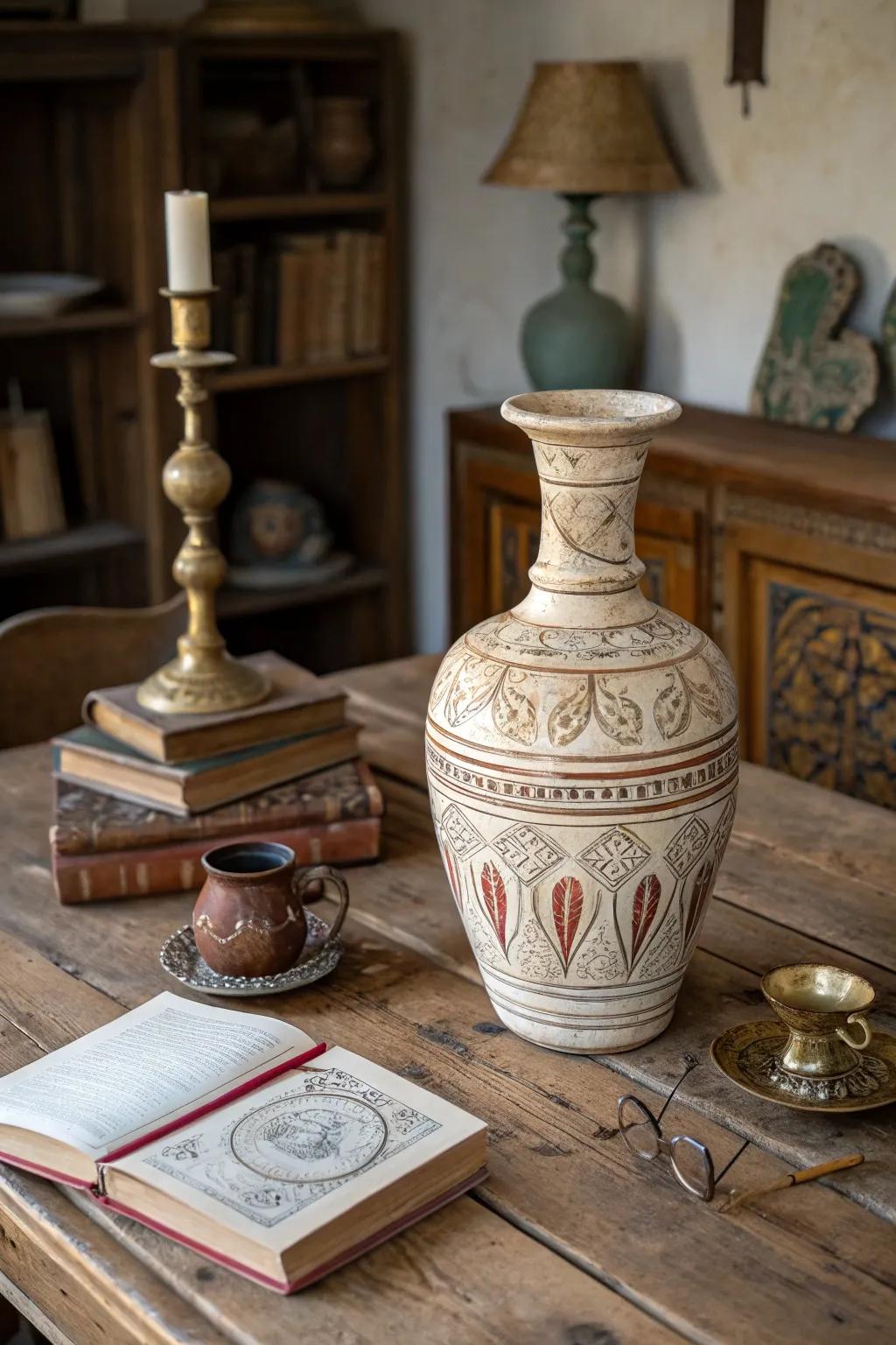 An antiqued earthenware vase incorporating vintage allure to a rustic backdrop.