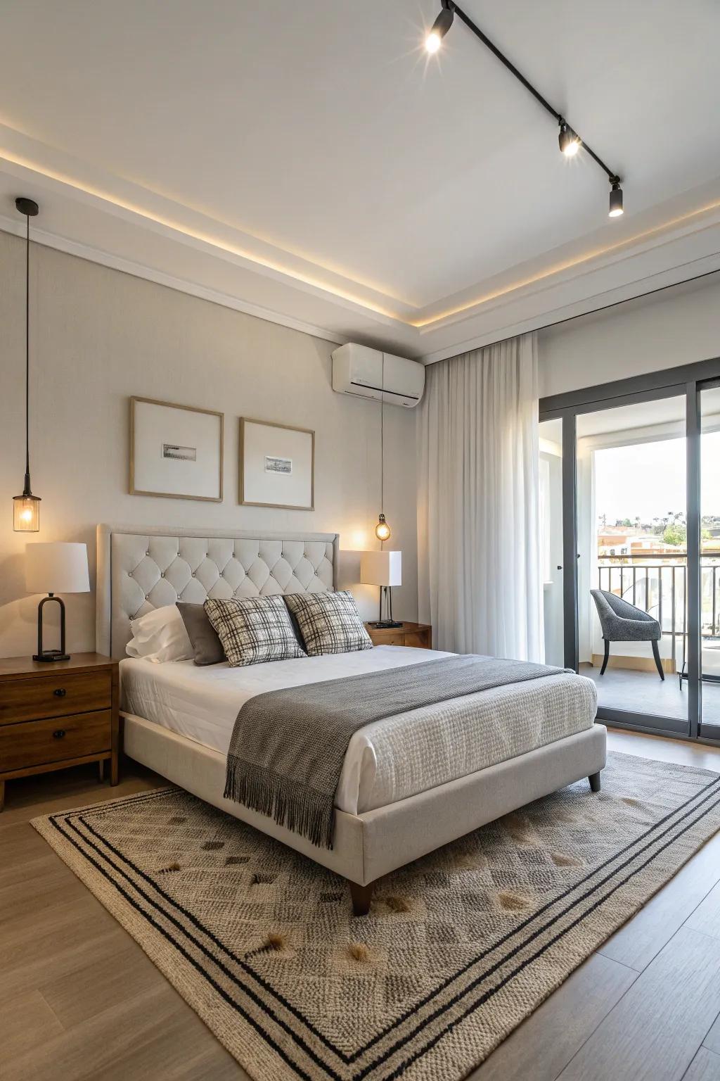 Useful furnishings maintain organization and style in this bedroom.