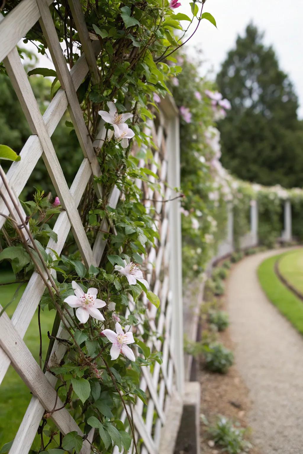 Espalier clematis make complex patterns on a structured support.