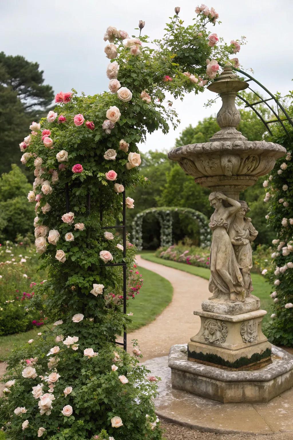 Harmonize artistry and nature with roses gracing garden sculptures.