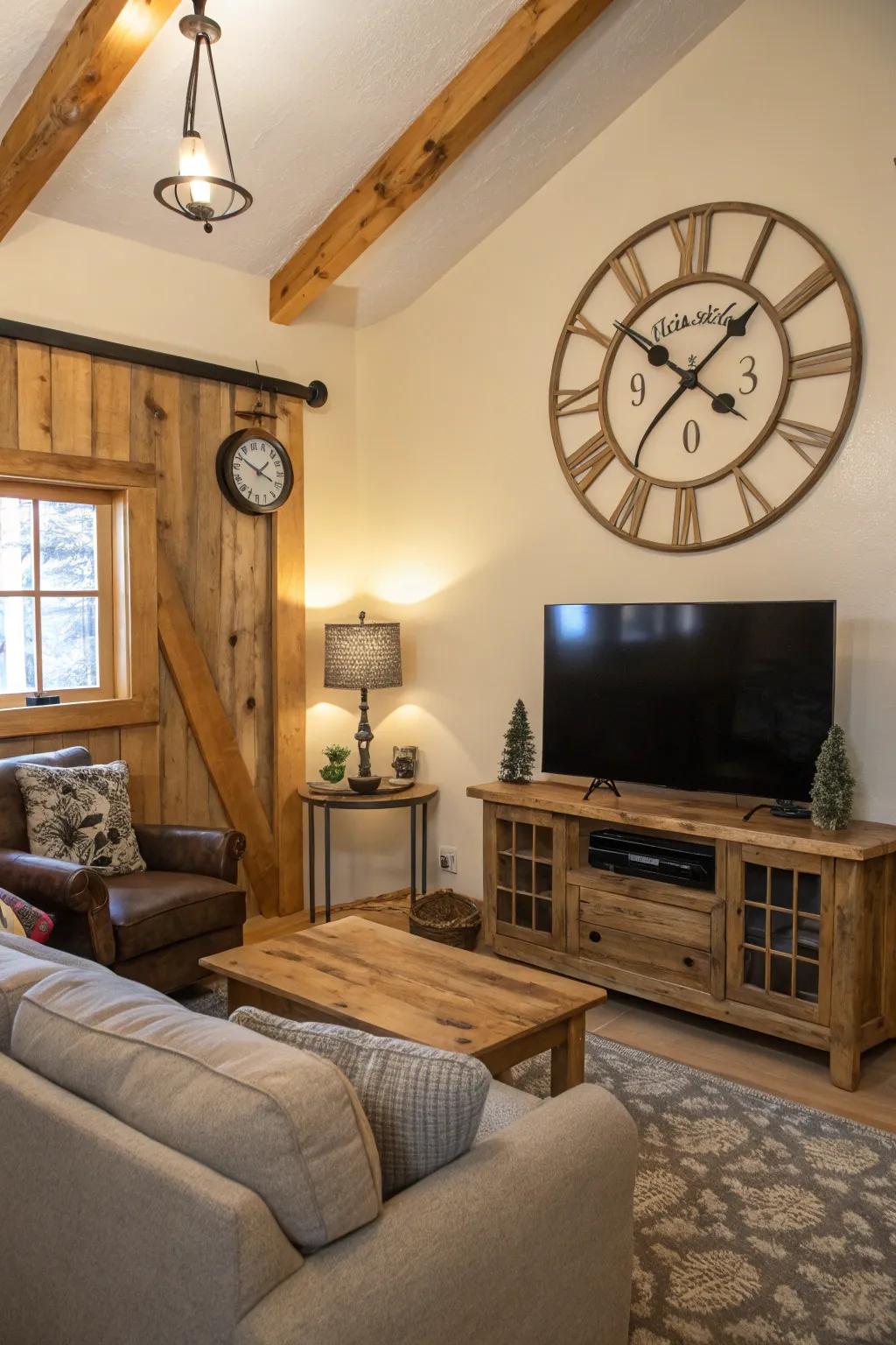 A country-style clock imparts vintage charm above a modern TV arrangement.