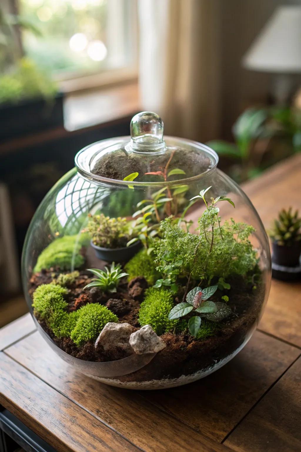 An enigmatic moss realm terrarium, revolutionizing mundane areas into tranquil nature escapes.