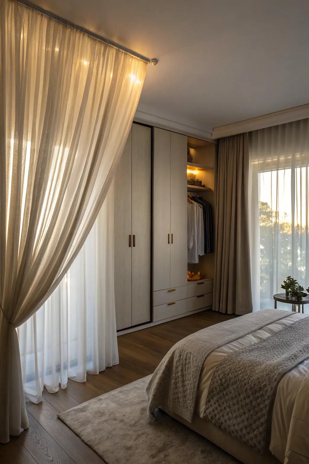 Drapes offer a soft, versatile alternative to doors.