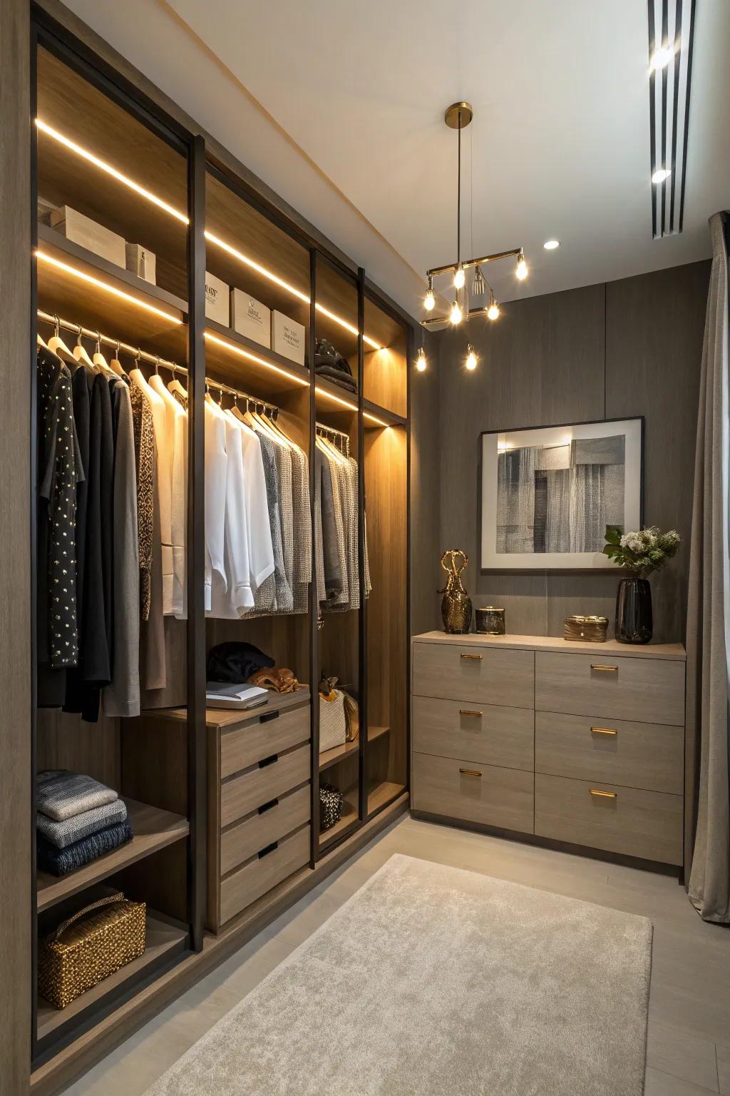 Strategic lighting significantly improves closet functionality.