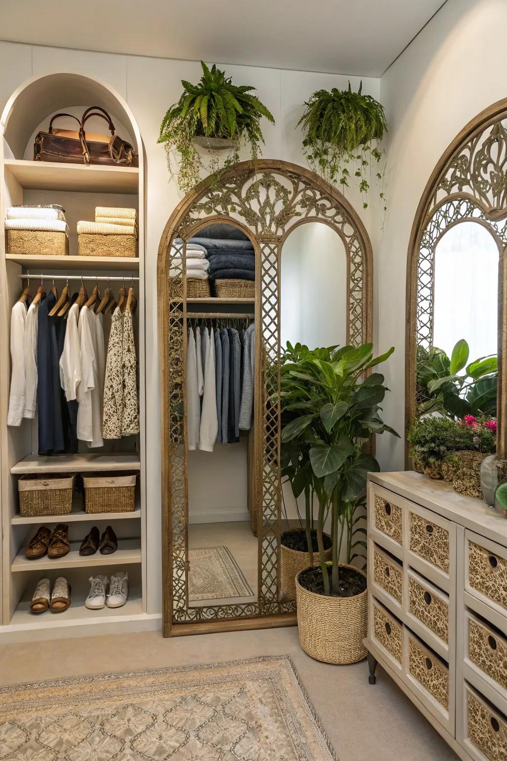 Decorative items add charm to your open closet.