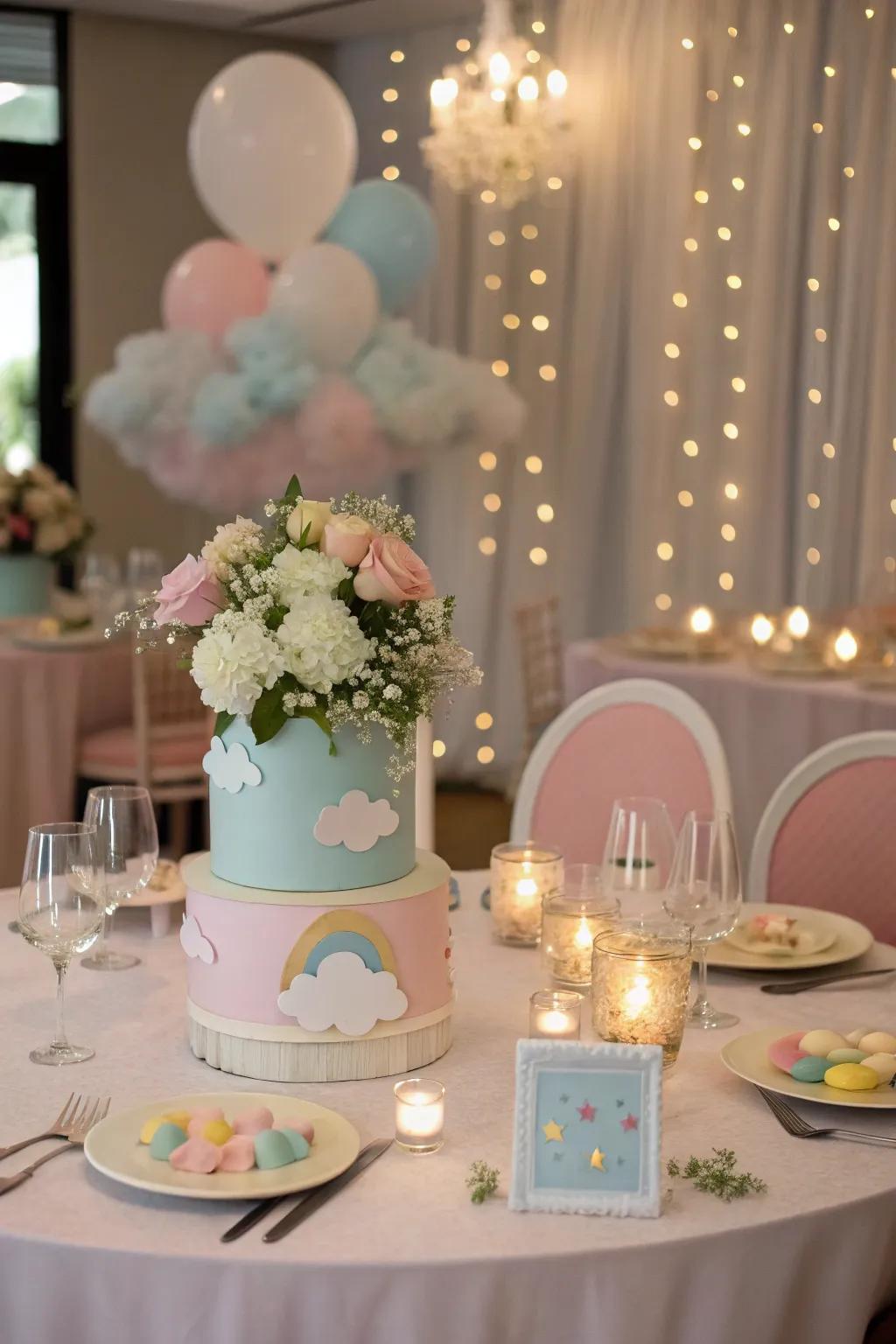 Refined table arrangements featuring sky-themed centerpieces establish a sophisticated ambiance.