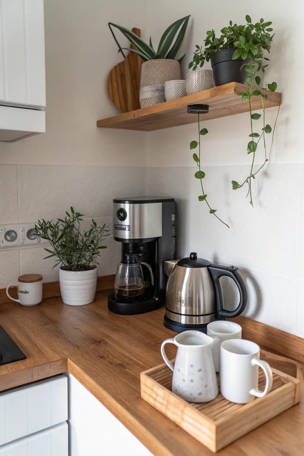 A minimalist coffee and tea station provides an uncluttered and neat atmosphere.