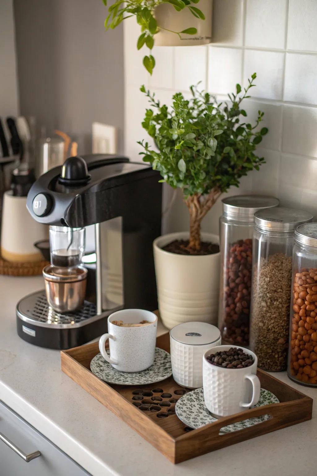 A small coffee station with a touch of nature.