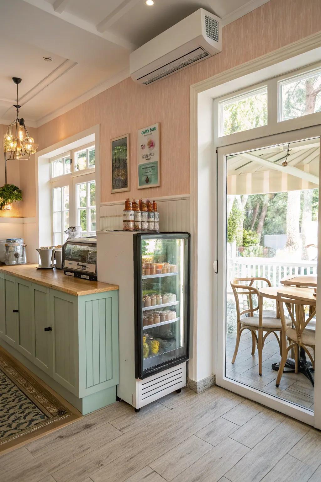 A welcoming and airy coffee station featuring a small refrigerator.