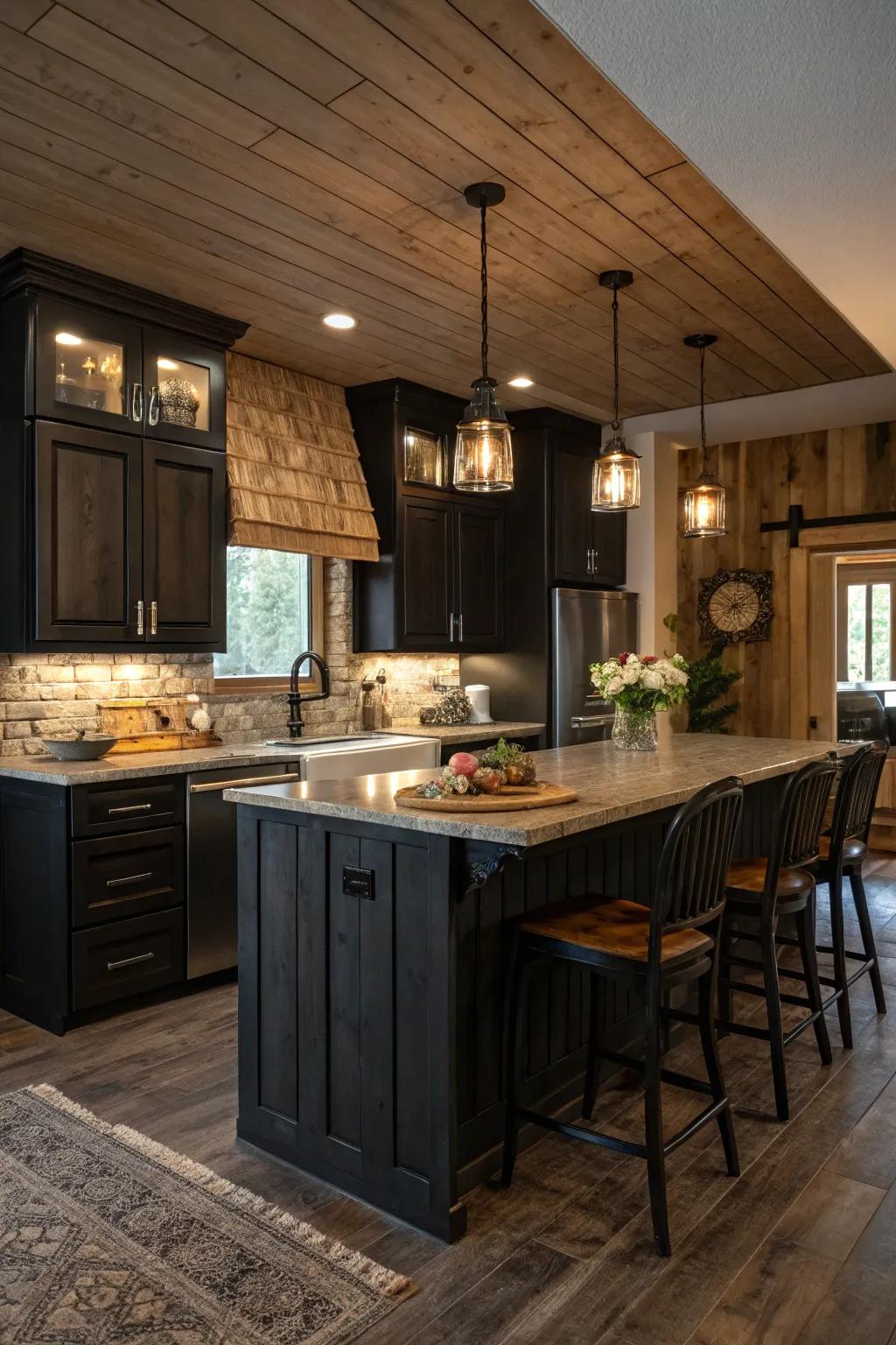 Dark cabinets coupled with country wood textures to create a warm and welcoming kitchen space.