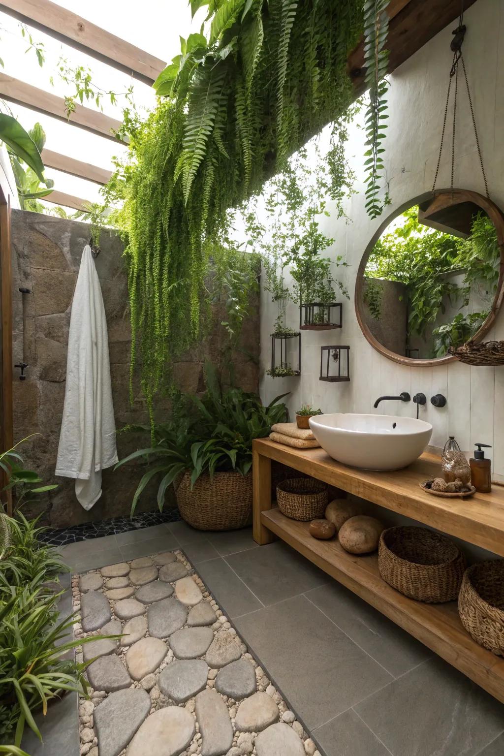 The embrace of nature within a vibrant bathroom.