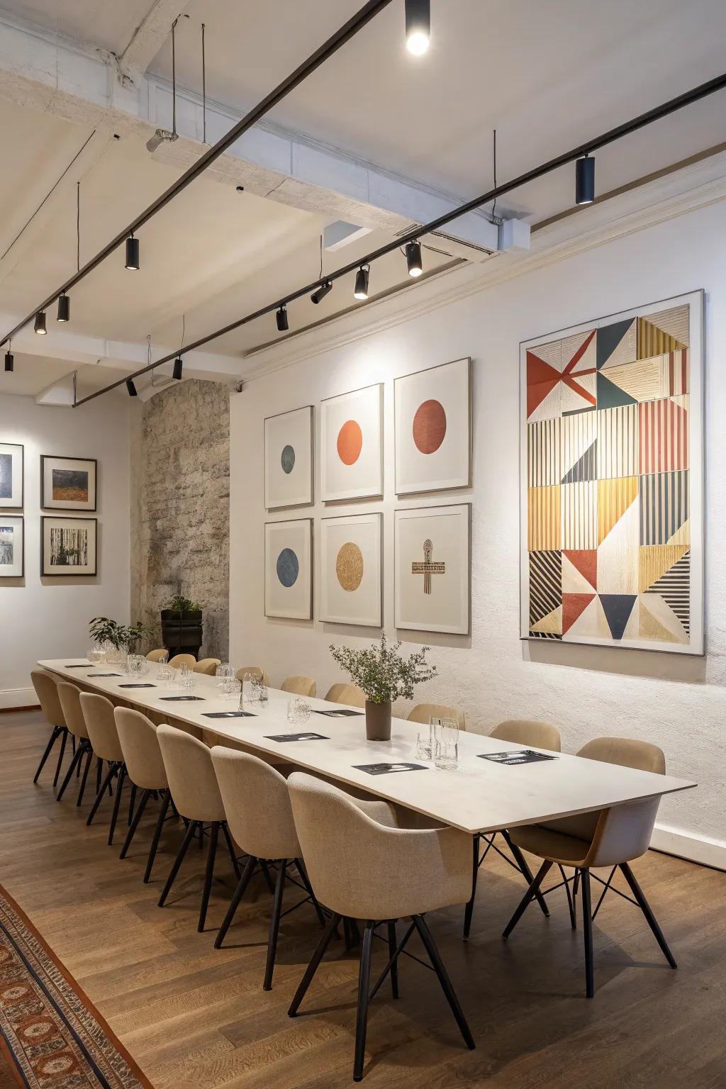 Art and decor add personality and warmth to the conference room.