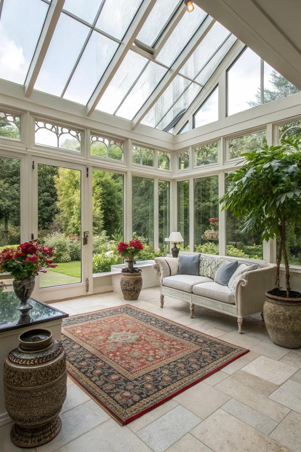 A sunroom presenting a harmonious fusion of modern and classic sensibilities.