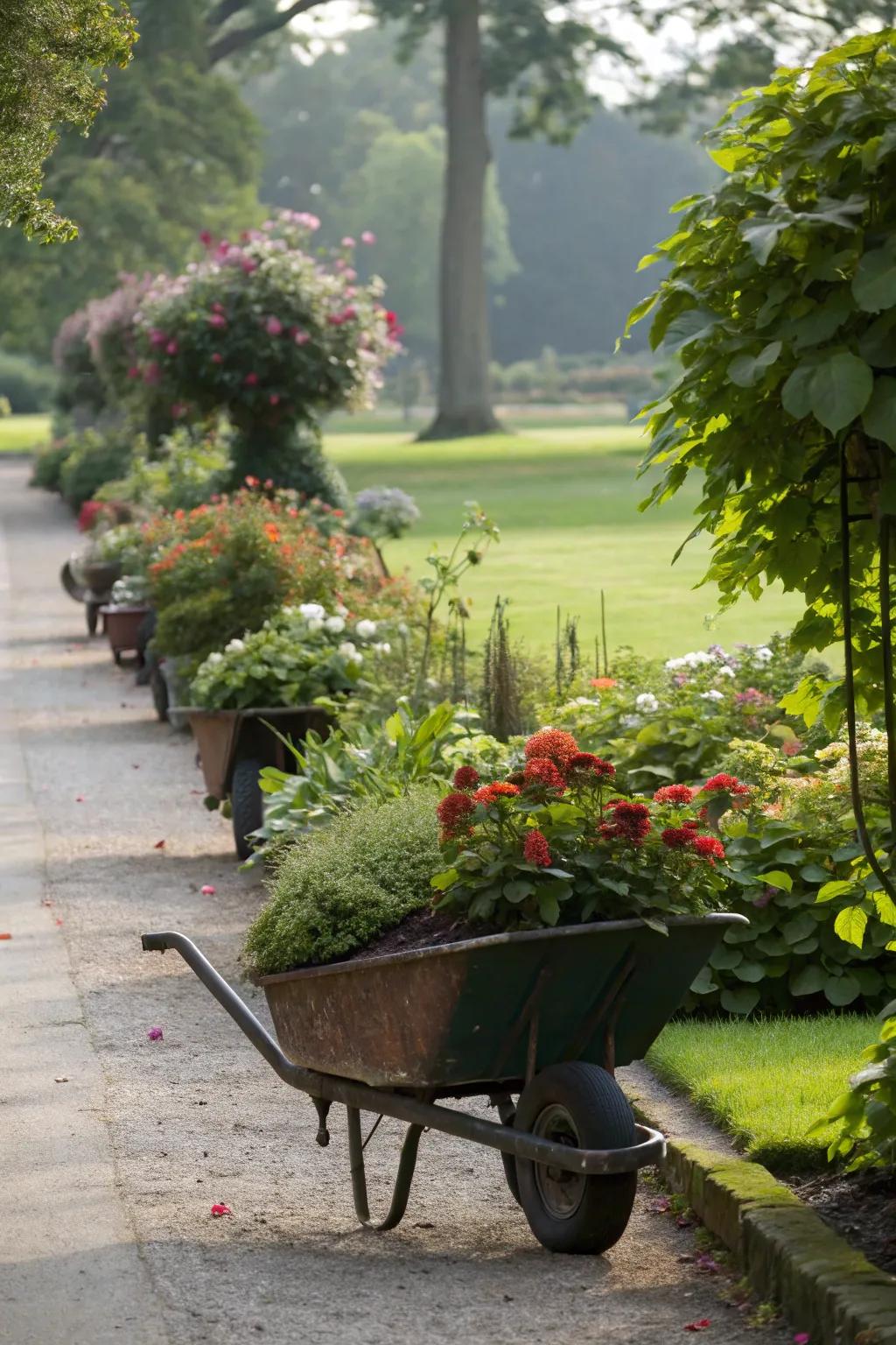 Portable garden setup with wheeled containers.