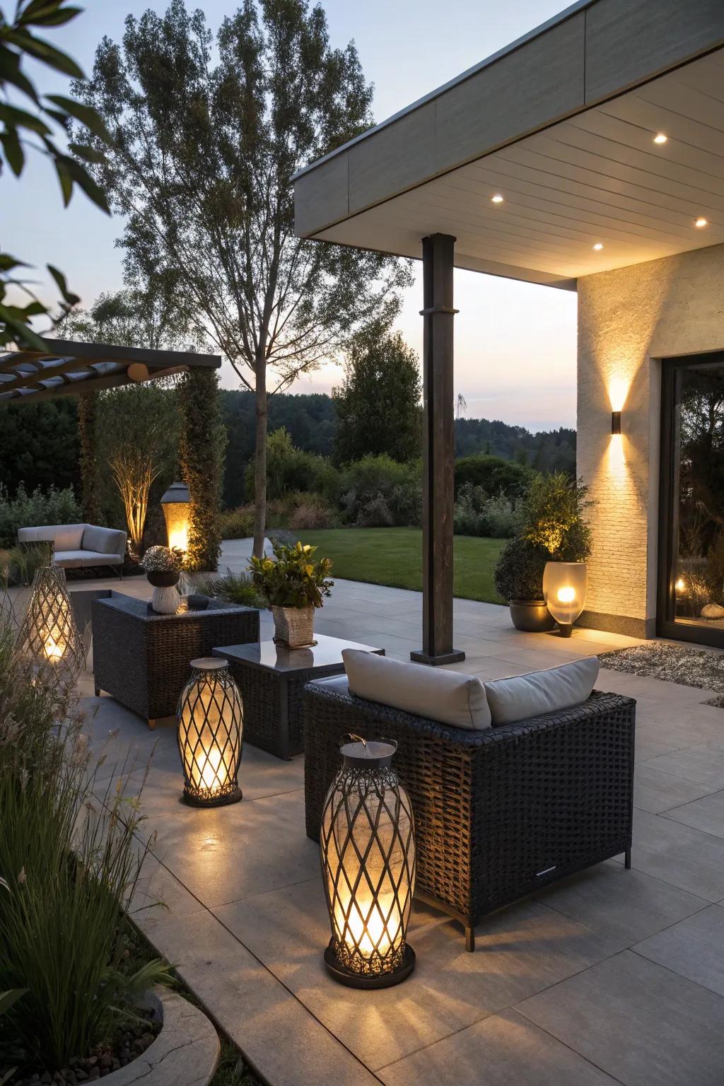 Inventive lighting generates a cozy and inviting patio atmosphere.