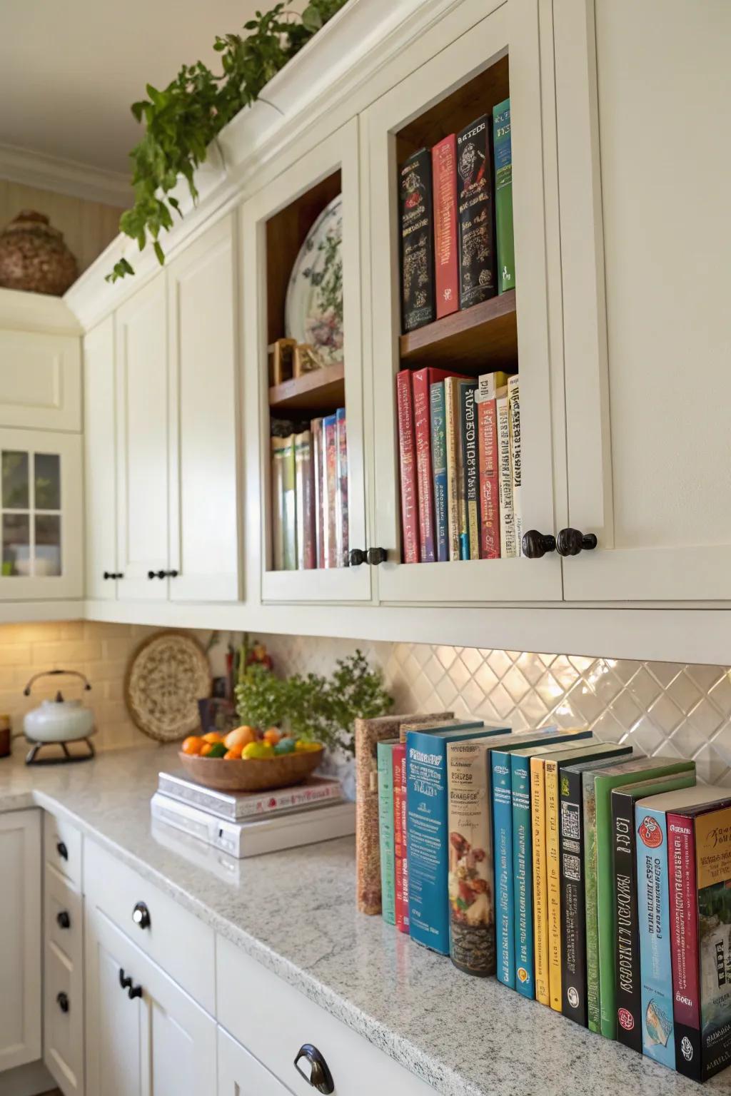 Above-cabinet storage retains cookbooks accessible yet unobtrusive.