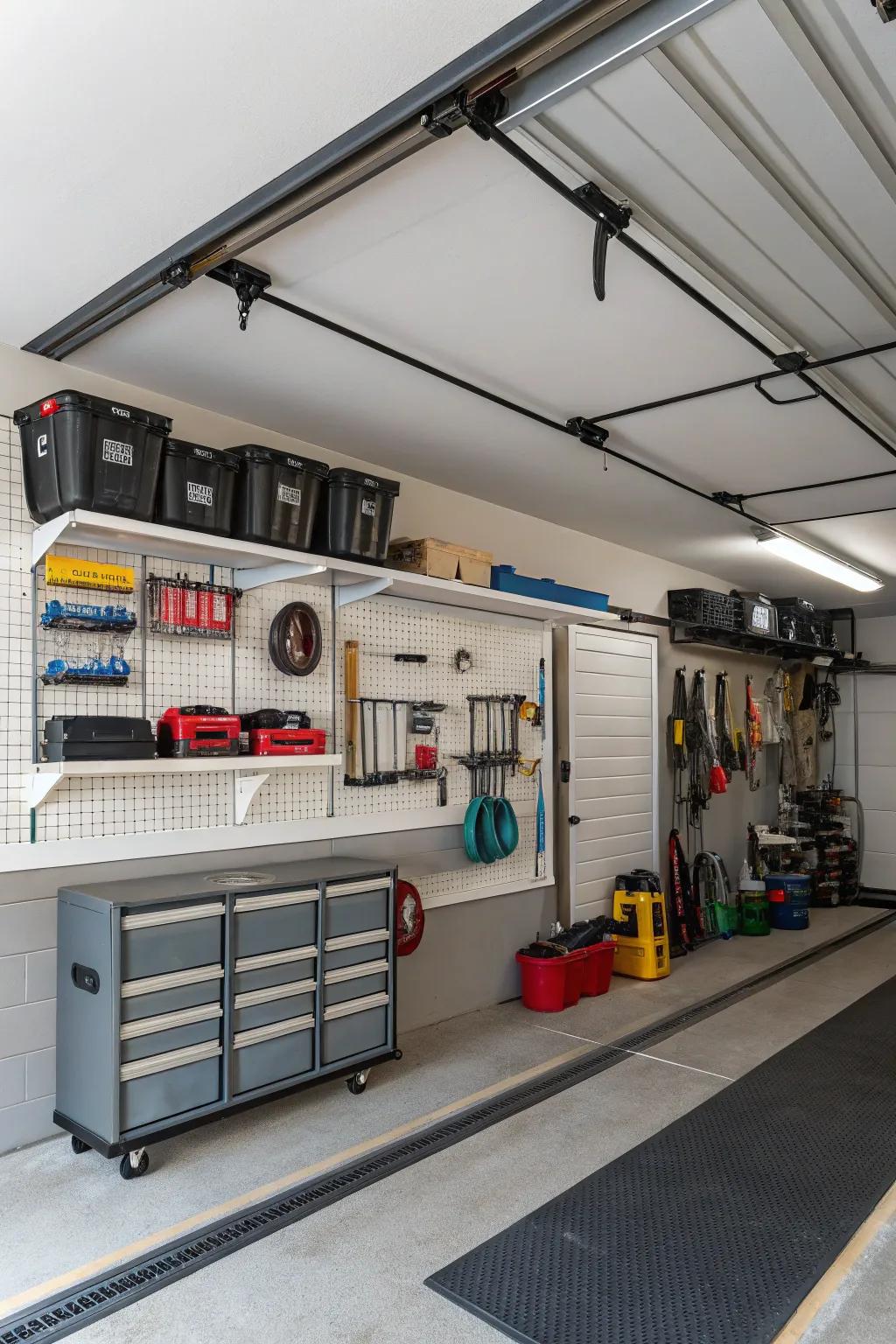 A garage featuring streamlined organization, including wall-mounted shelves and overhead racks.
