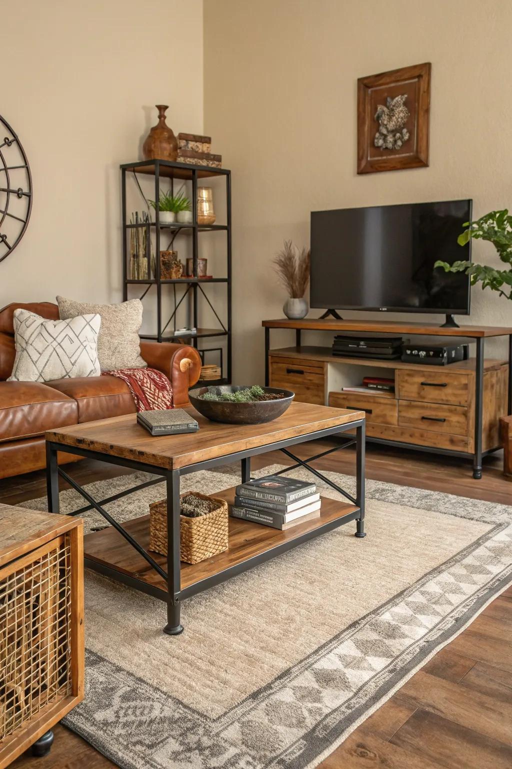 A consortium of textures and materials appends dimension and cordiality to this living room.