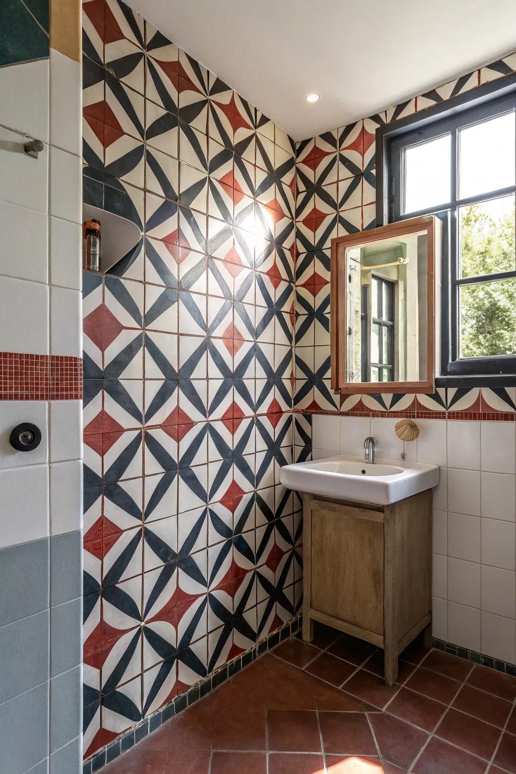 Groundbreaking tile designs instill character into bathroom corners.