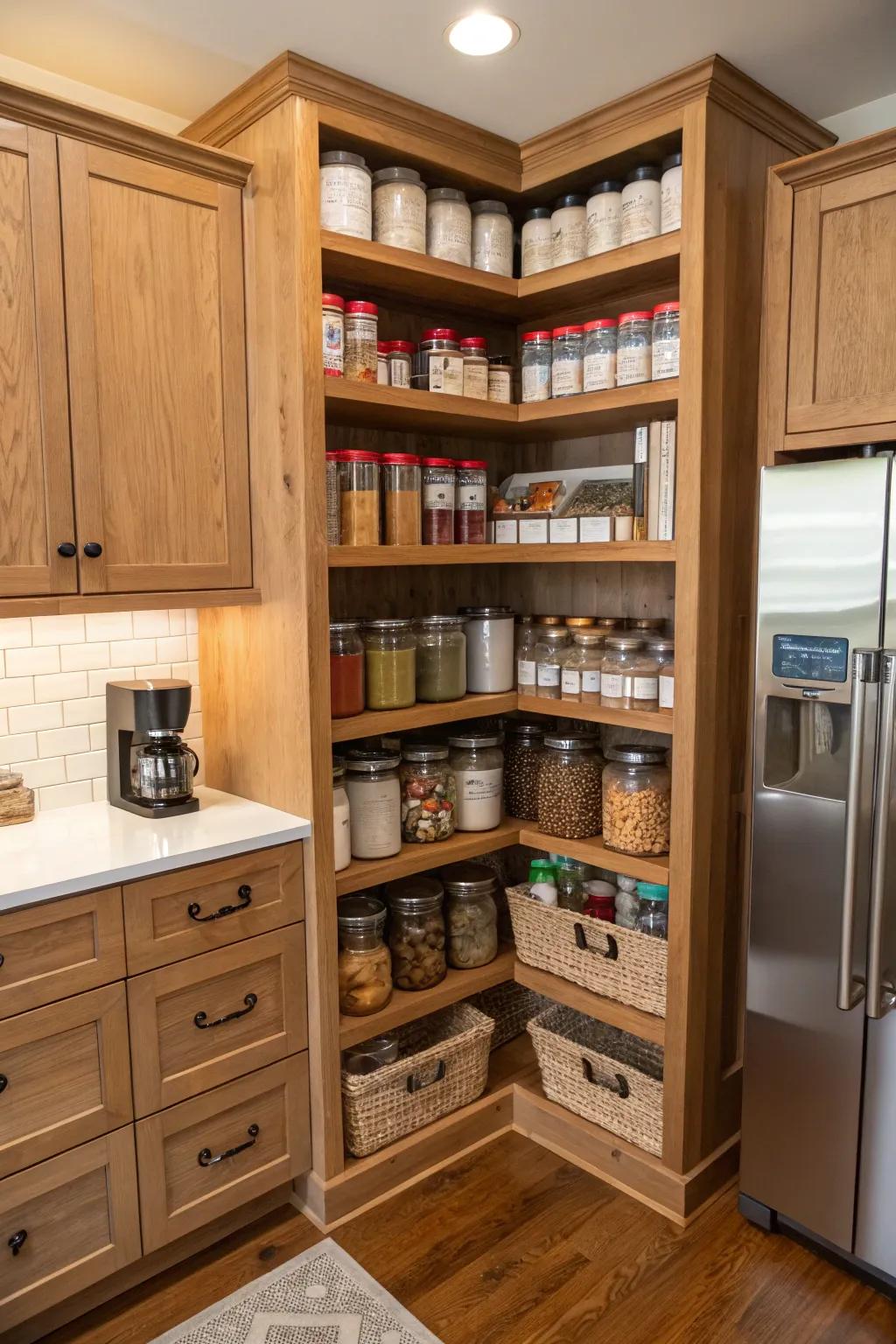 A corner pantry amplifies storage while preserving a tidy aesthetic.