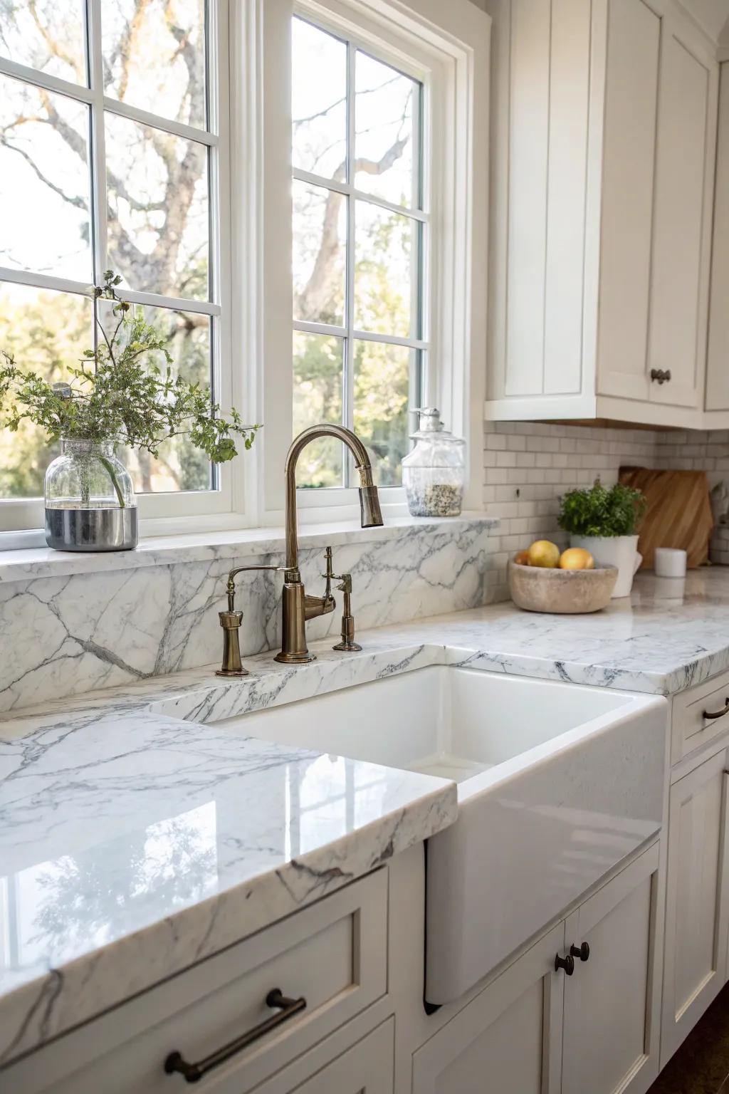 The flawless integration of marble surfaces with a corner sink.