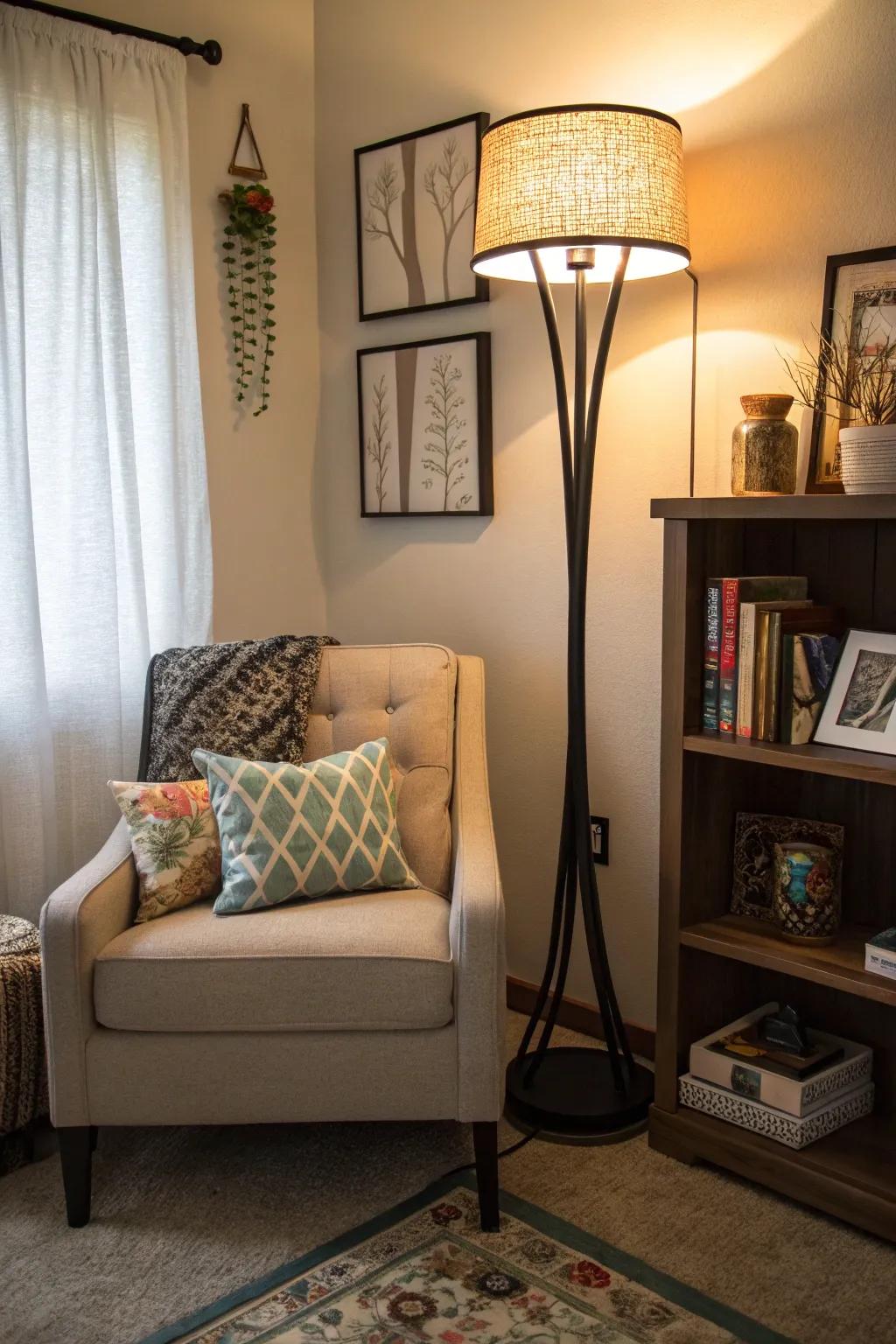 A floor lamp adds light and style, turning the corner into a cozy haven.