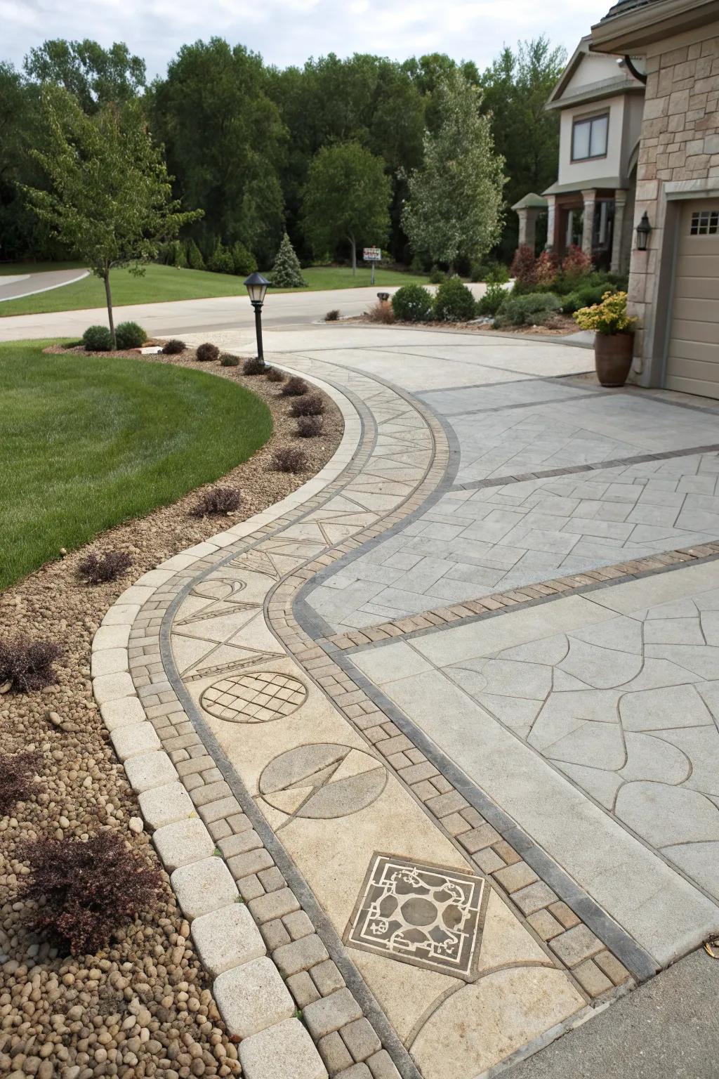 Inventive patterns in stone and hard surface enhancing the driveway's appeal.